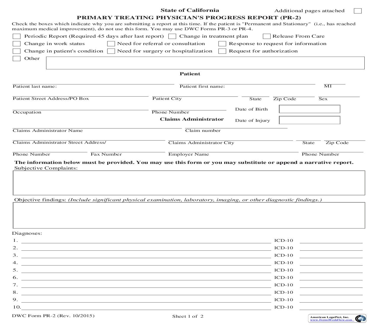 Primary Treating Physicians Progress Report {DWC-PR-2} | Pdf Fpdf Doc Docx | California