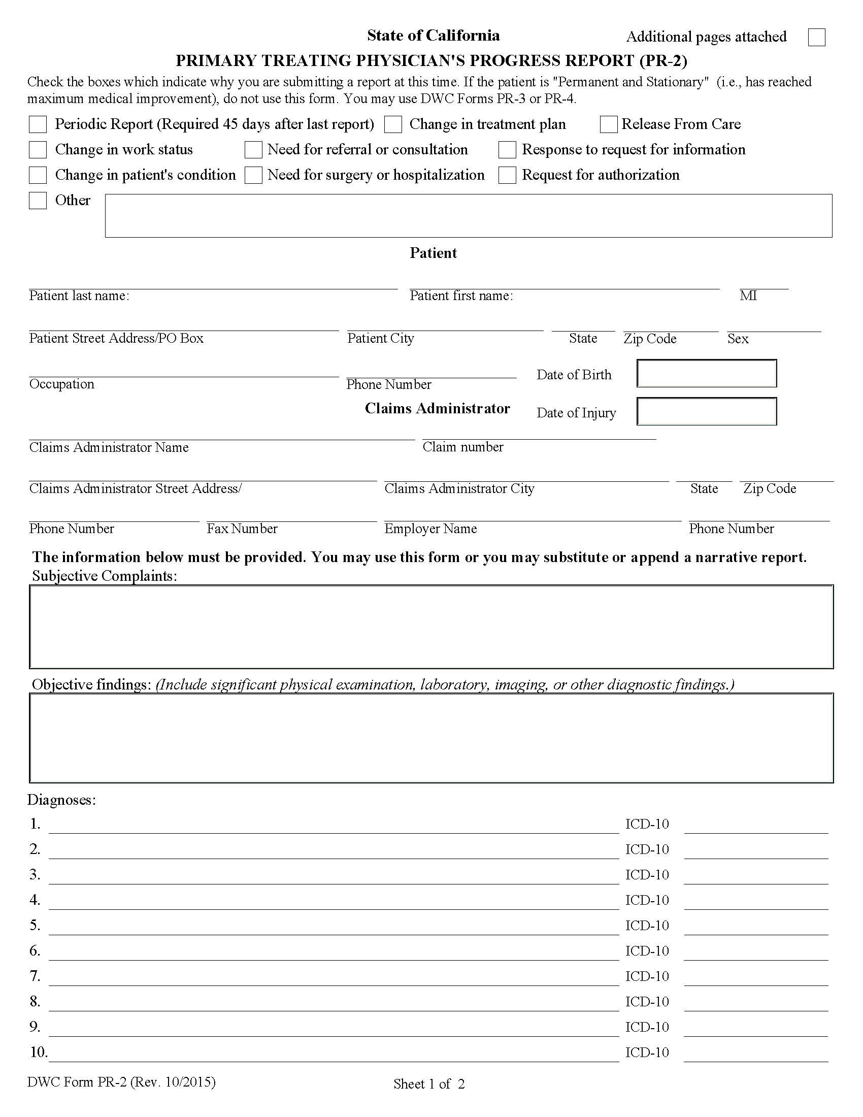 Primary Treating Physicians Progress Report {DWC-PR-2} | Pdf Fpdf Doc Docx | California