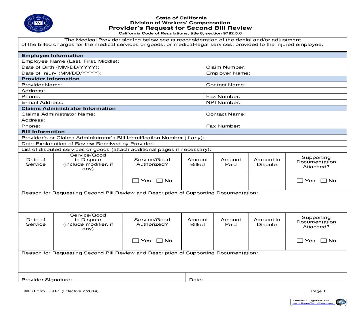 Providers Request For Second Bill Review {SBR-1} | Pdf Fpdf Doc Docx | California