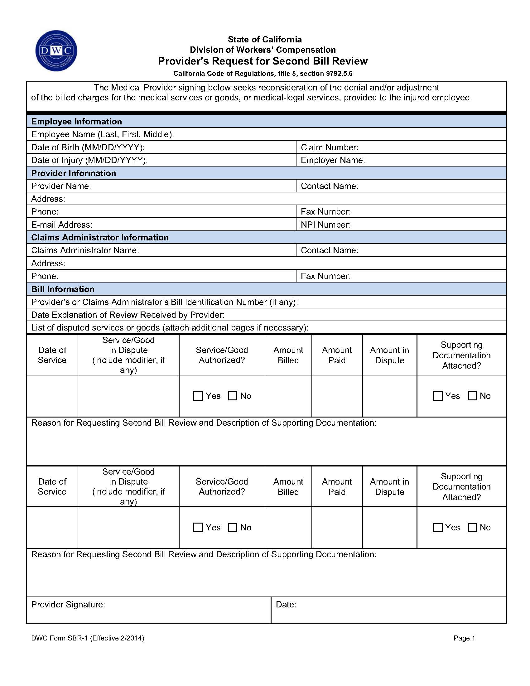 Providers Request For Second Bill Review {SBR-1} | Pdf Fpdf Doc Docx | California