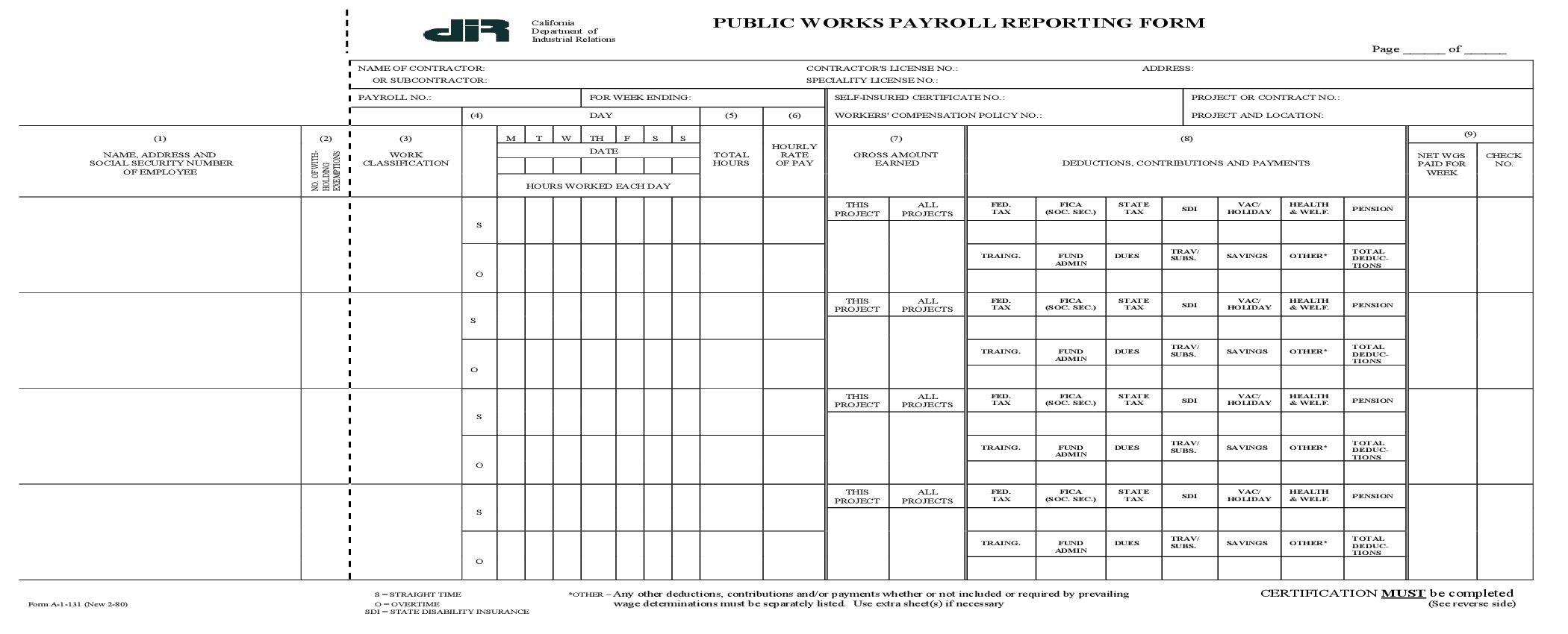 Public Works Payroll Reporting Form {A-1-131} | Pdf Fpdf Doc Docx | California