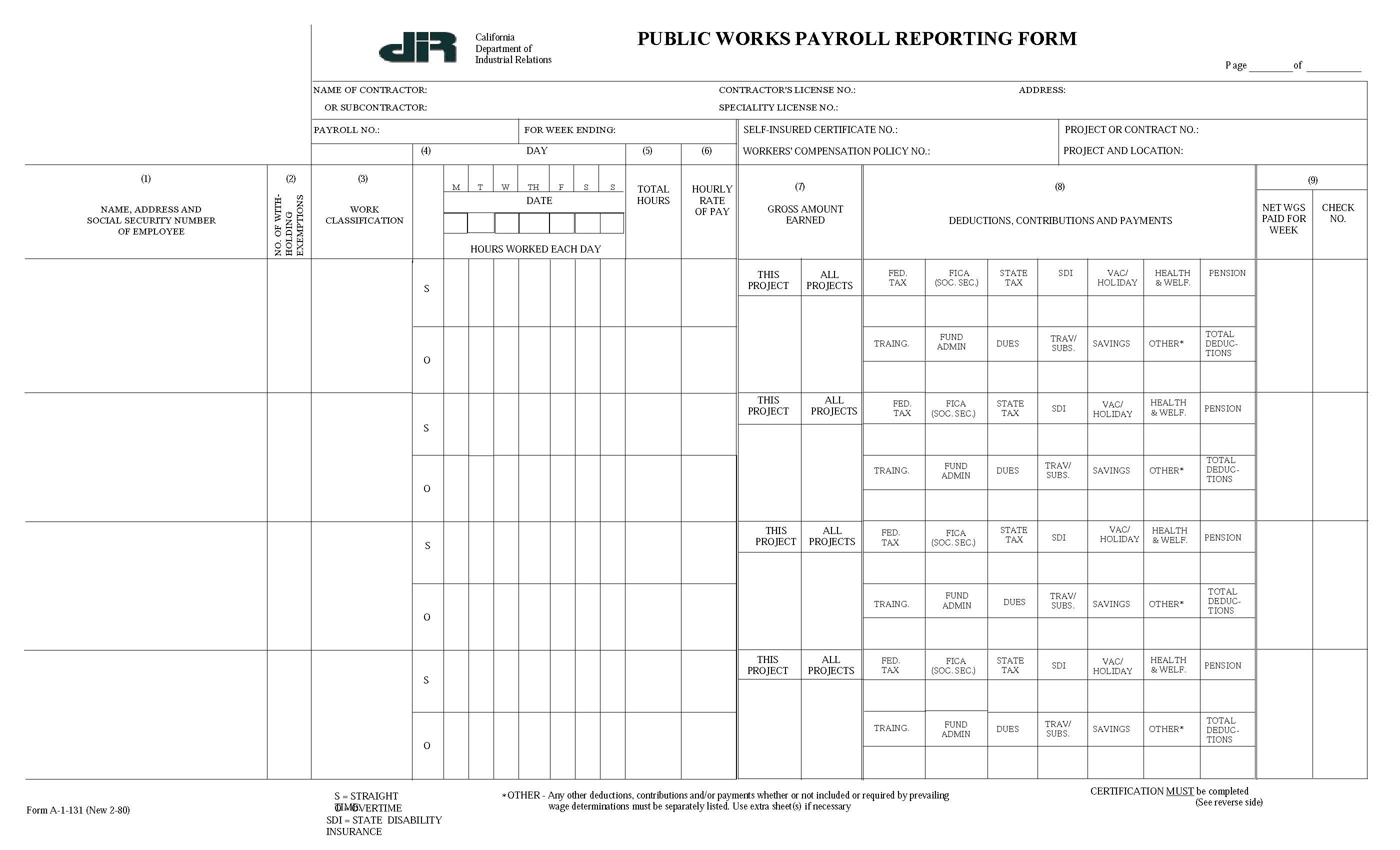 Public Works Payroll Reporting Form {A-1-131} | Pdf Fpdf Doc Docx | California