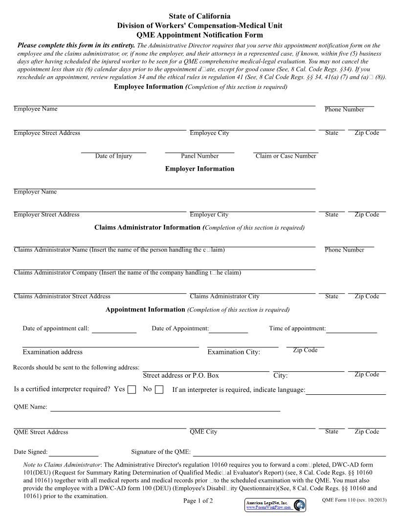 QME Appointment Notification Form {QME 110} | Pdf Fpdf Docx | California