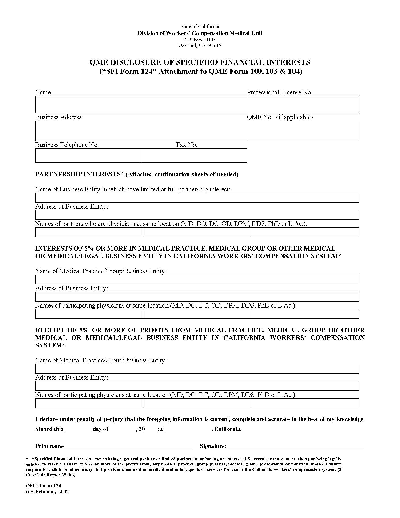 QME Disclosure Of Specified Financial Interests {QME 124} | Pdf Fpdf Doc Docx | California