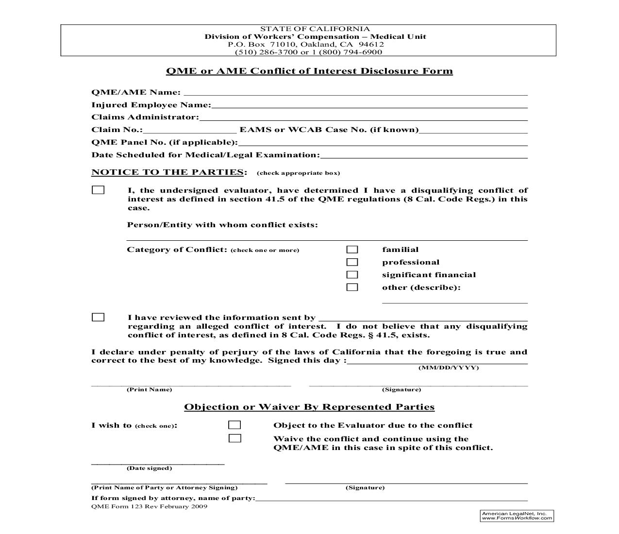 QME Or AME Conflict Of Interest Disclosure Form {QME 123} | Pdf Fpdf Doc Docx | California
