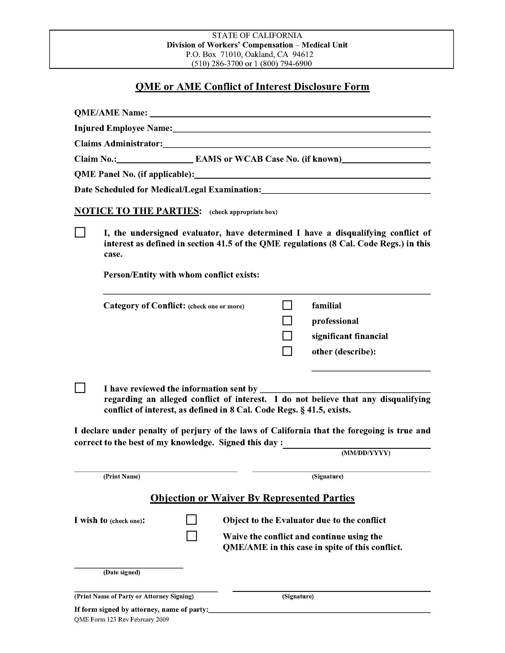 QME Or AME Conflict Of Interest Disclosure Form {QME 123} | Pdf Fpdf Doc Docx | California