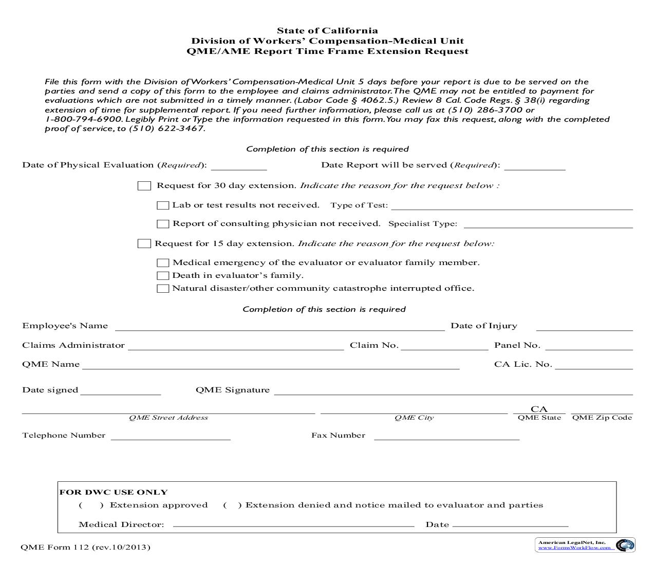 QME-AME Time Frame Extension Request {QME 112} | Pdf Fpdf Doc Docx | California
