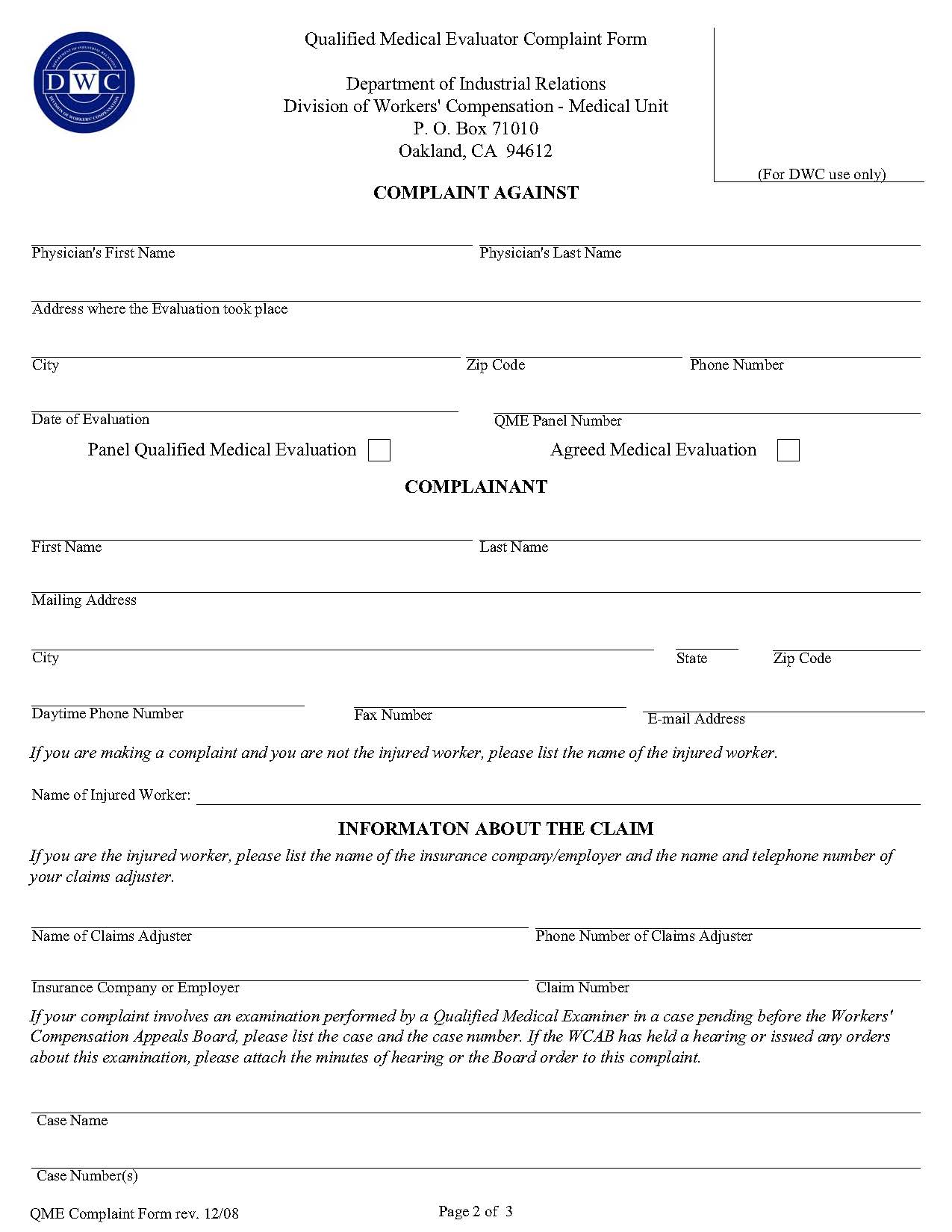 Qualified Medical Evaluator Complaint Form | Pdf Fpdf Doc Docx | California