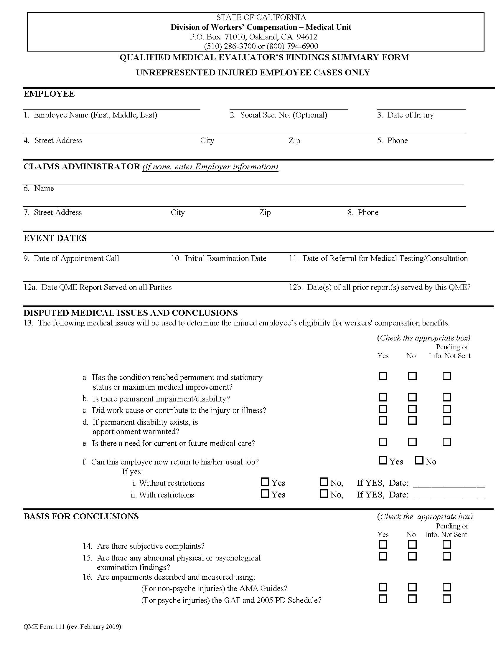 Qualified Or Agreed Medical Evaluator Findings Summary Form {QME 111} | Pdf Fpdf Doc Docx | California