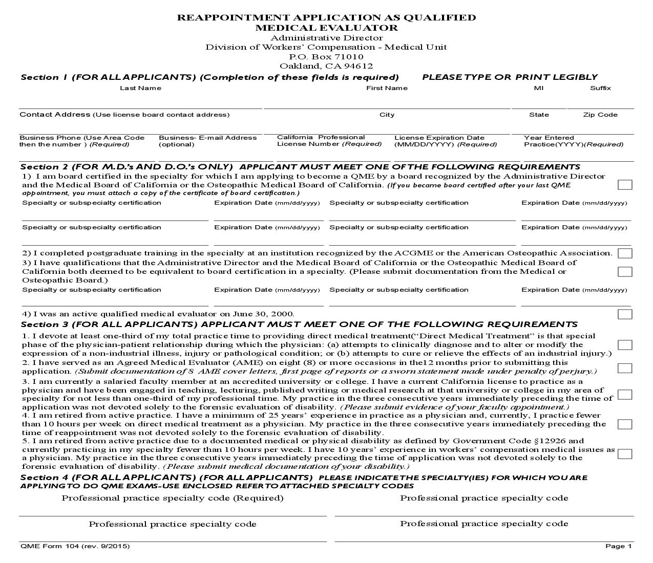 Reappointment Application As Qualified Medical Evaluator {QME 104} | Pdf Fpdf Doc Docx | California