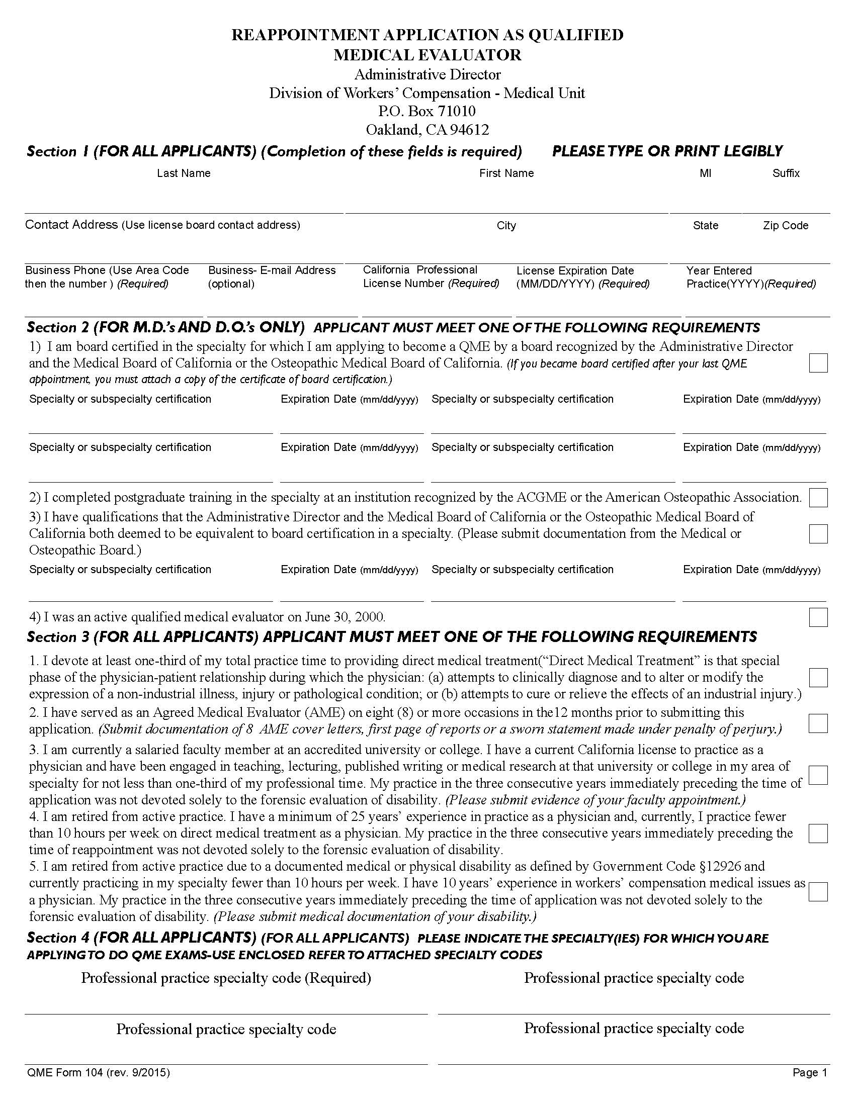 Reappointment Application As Qualified Medical Evaluator {QME 104} | Pdf Fpdf Doc Docx | California