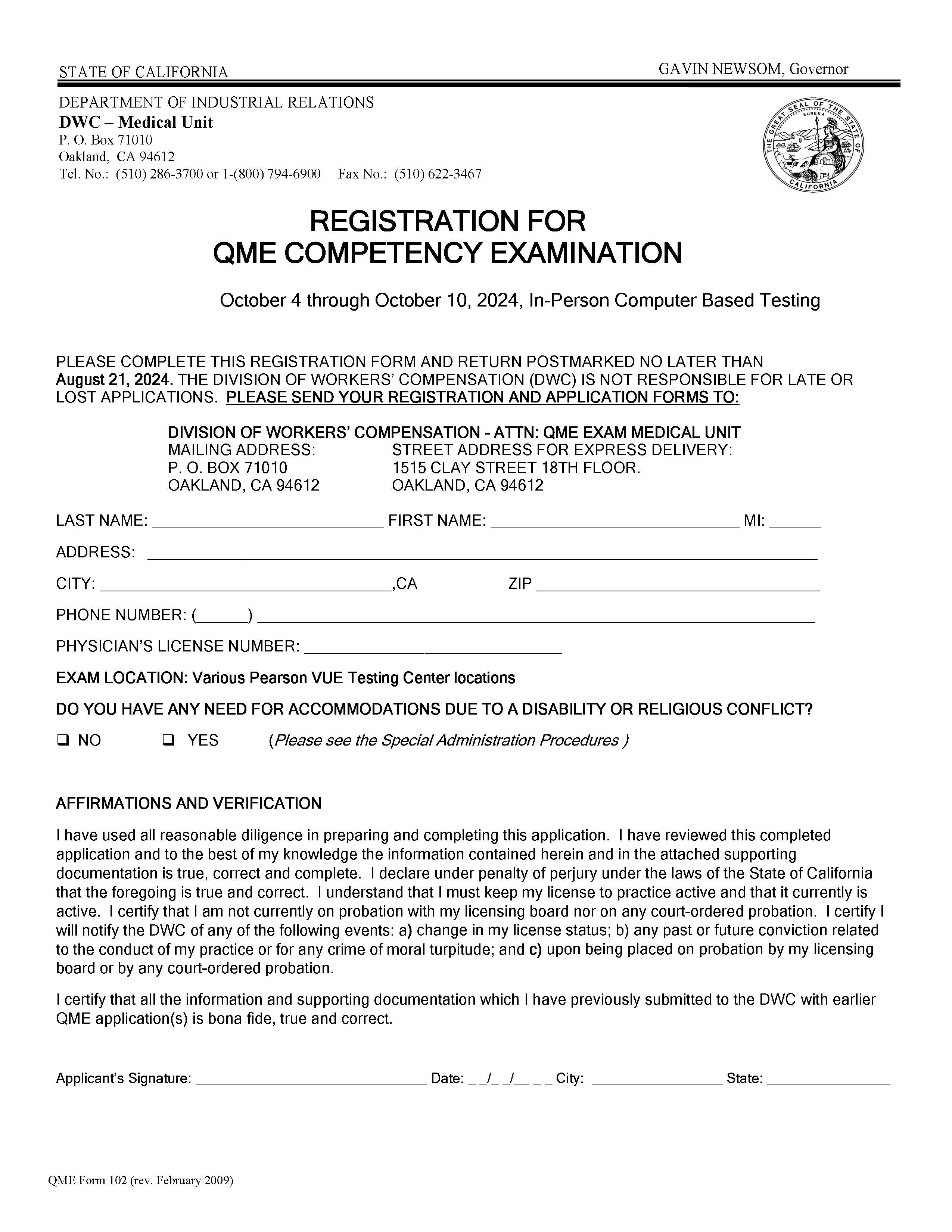 Registration For QME Competency Examination {QME 102} | Pdf Fpdf Docx | California