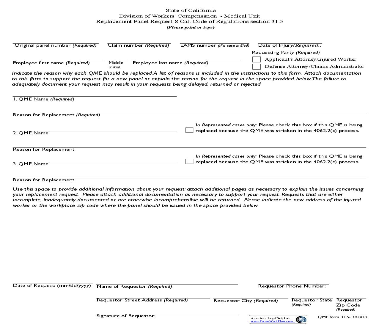 Replacement Panel Request {QME 31.5} | Pdf Fpdf Doc Docx | California