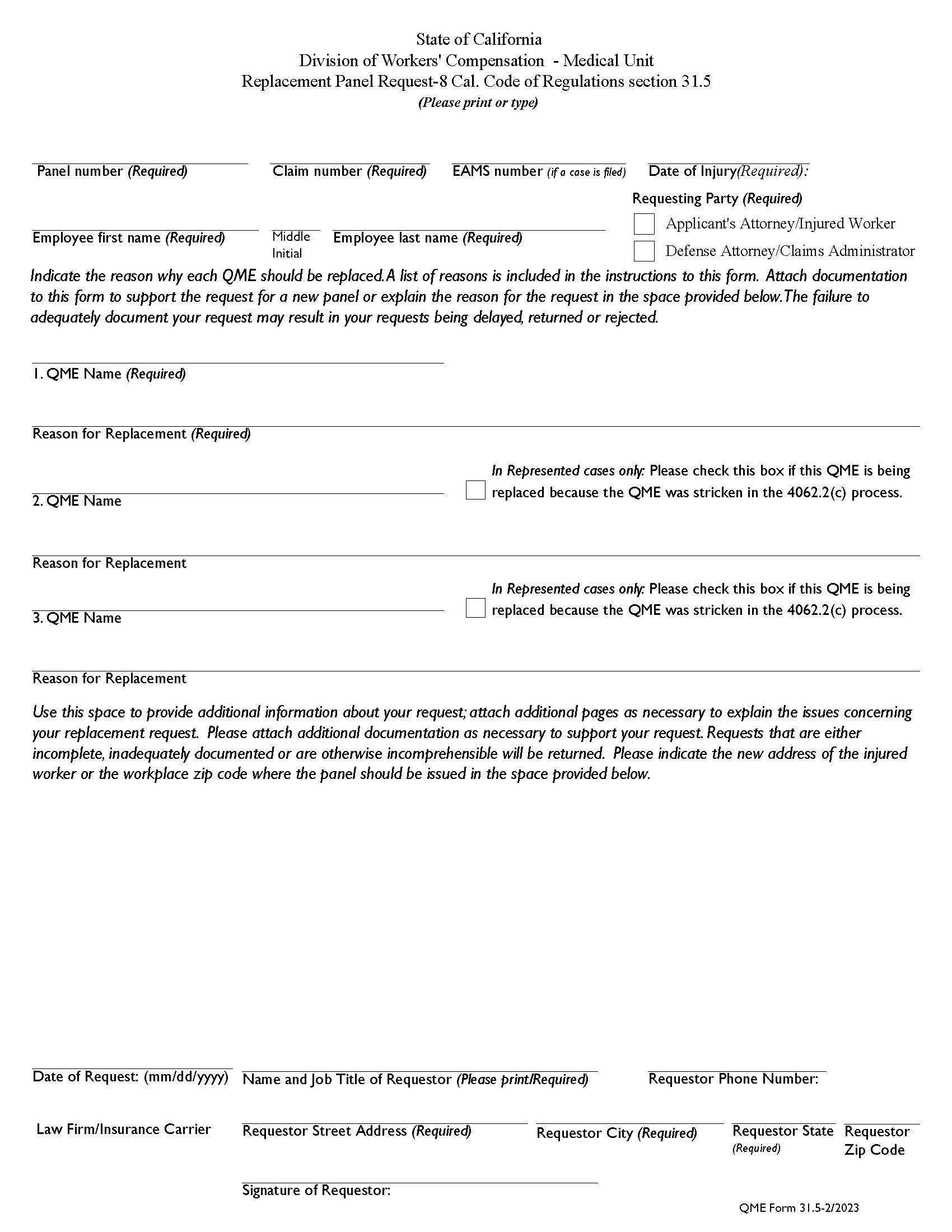 Replacement Panel Request {QME 31.5} | Pdf Fpdf Doc Docx | California