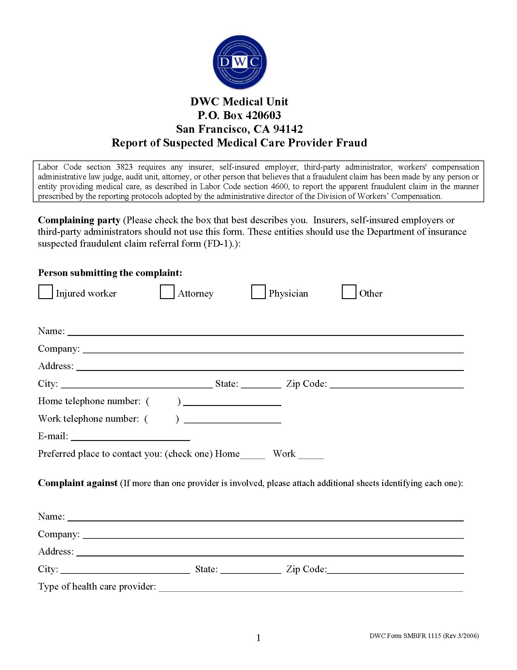 Report Of Suspected Medicare Provider Fraud {DWC SMBFR 1115} | Pdf Fpdf Doc Docx | California