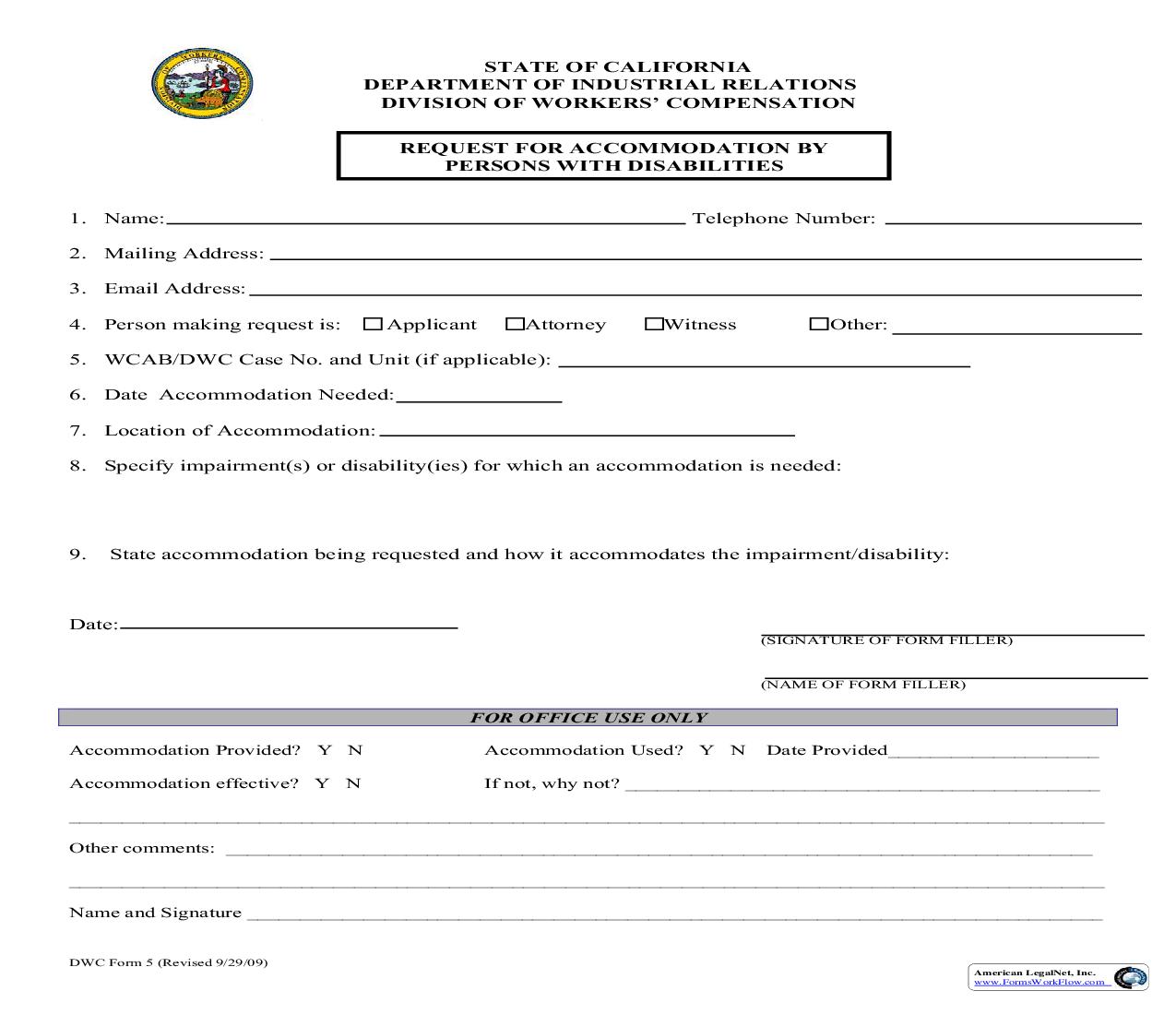 Request For Accommodations By Persons With Disabilities {DWC 5} | Pdf Fpdf Doc Docx | California