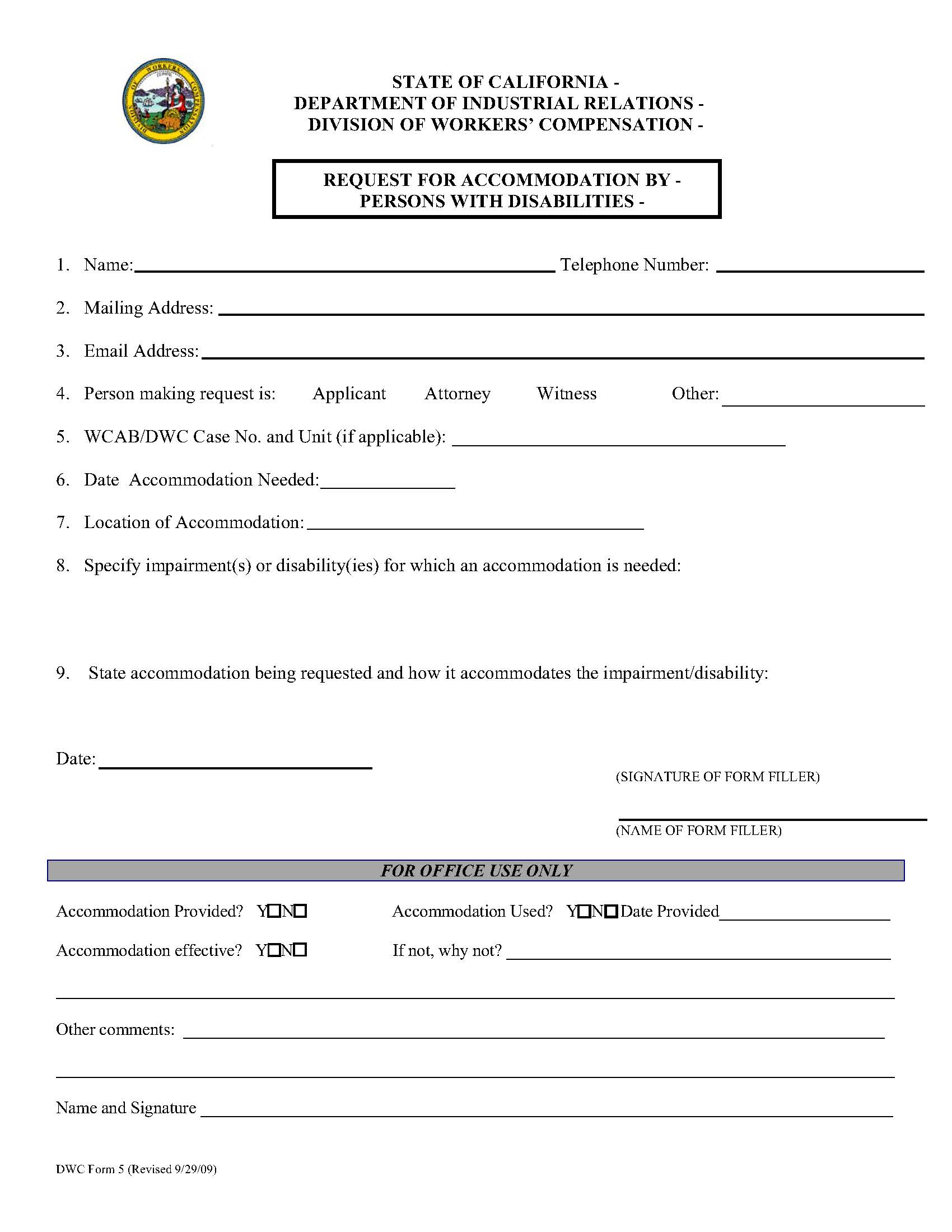 Request For Accommodations By Persons With Disabilities {DWC 5} | Pdf Fpdf Doc Docx | California