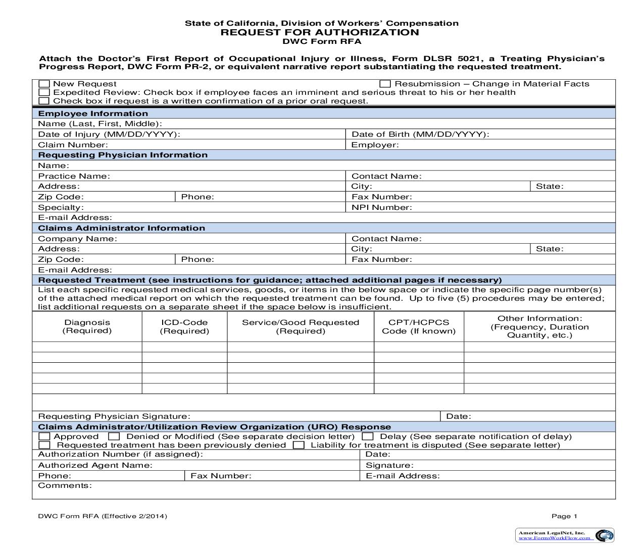 Request For Authorization For Medical Treatment {DWC RFA} | Pdf Fpdf Doc Docx | California