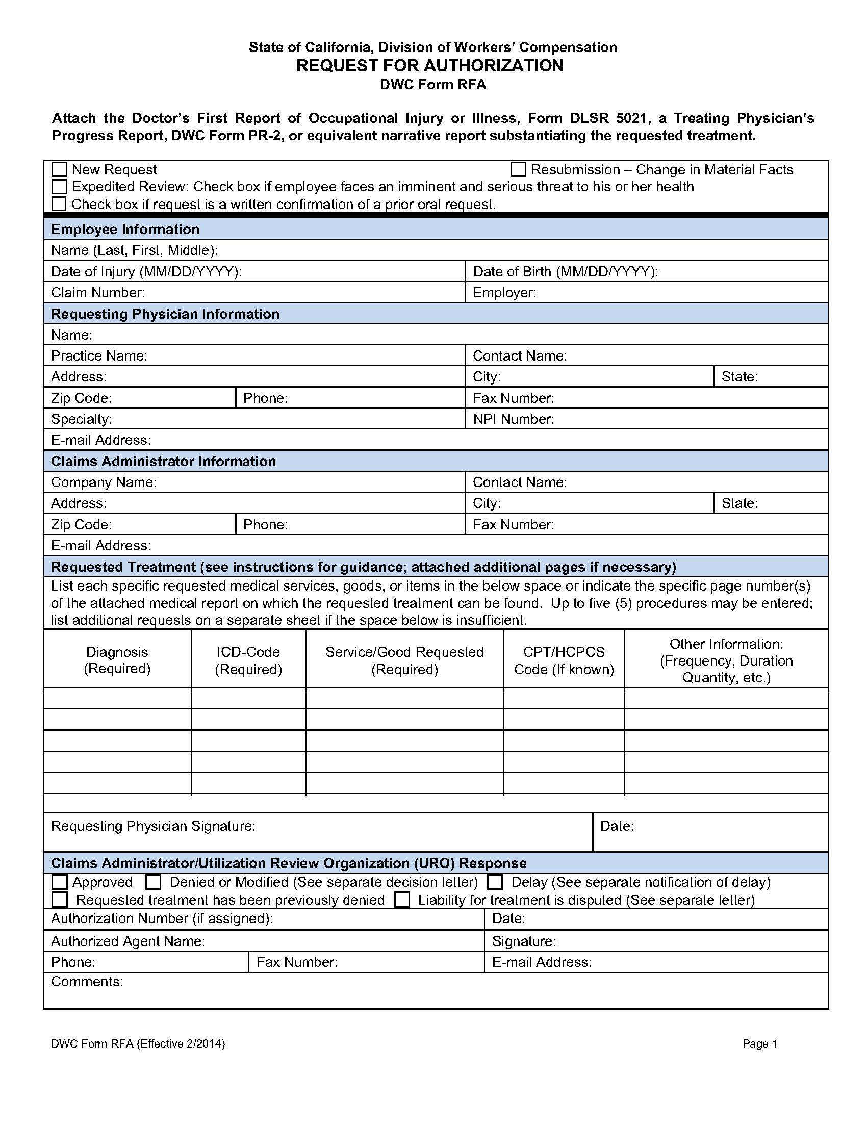 Request For Authorization For Medical Treatment {DWC RFA} | Pdf Fpdf Doc Docx | California
