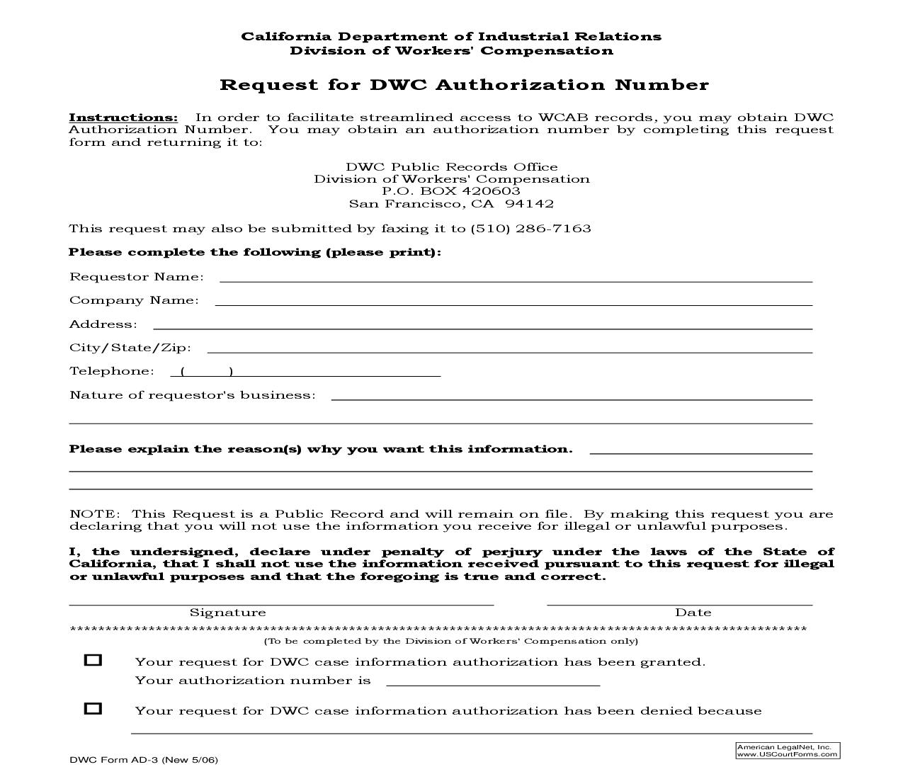 Request For DWC Authorization Number {DWC AD-3} | Pdf Fpdf Doc Docx | California