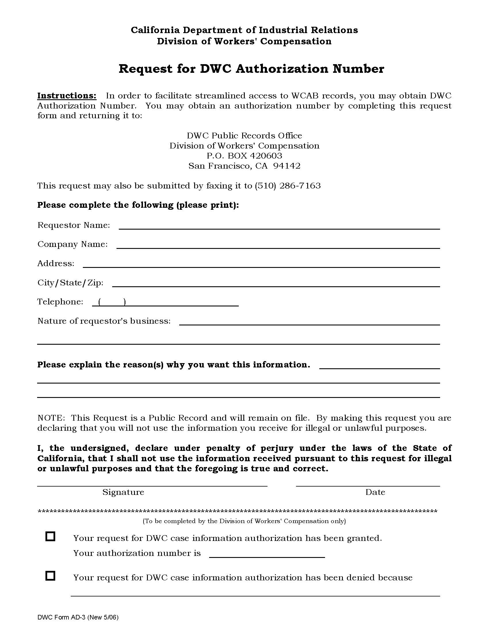 Request For DWC Authorization Number {DWC AD-3} | Pdf Fpdf Doc Docx | California