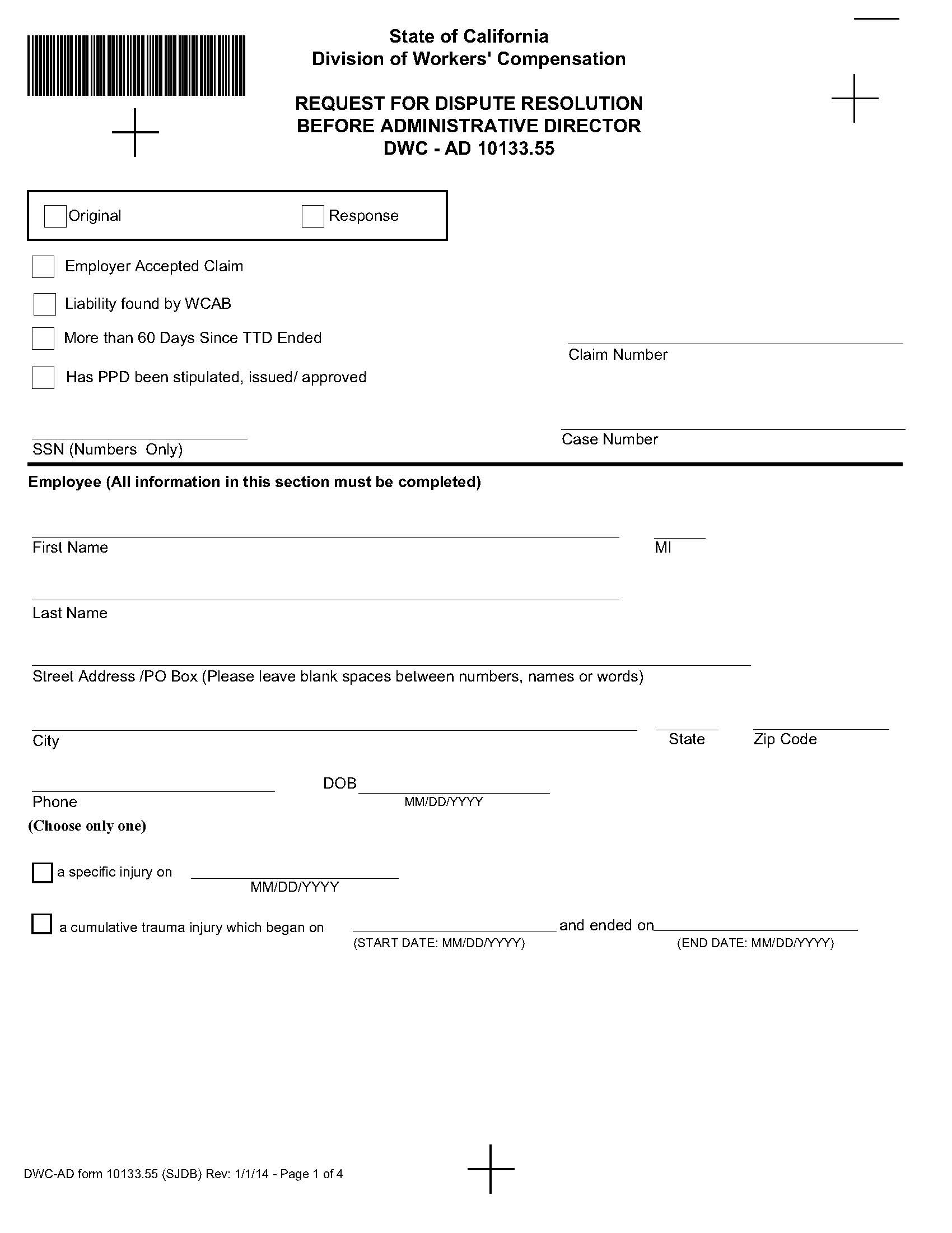 Request For Dispute Resolution Before Administrative Director {DWC AD 10133.55} | Pdf Fpdf Doc Docx | California