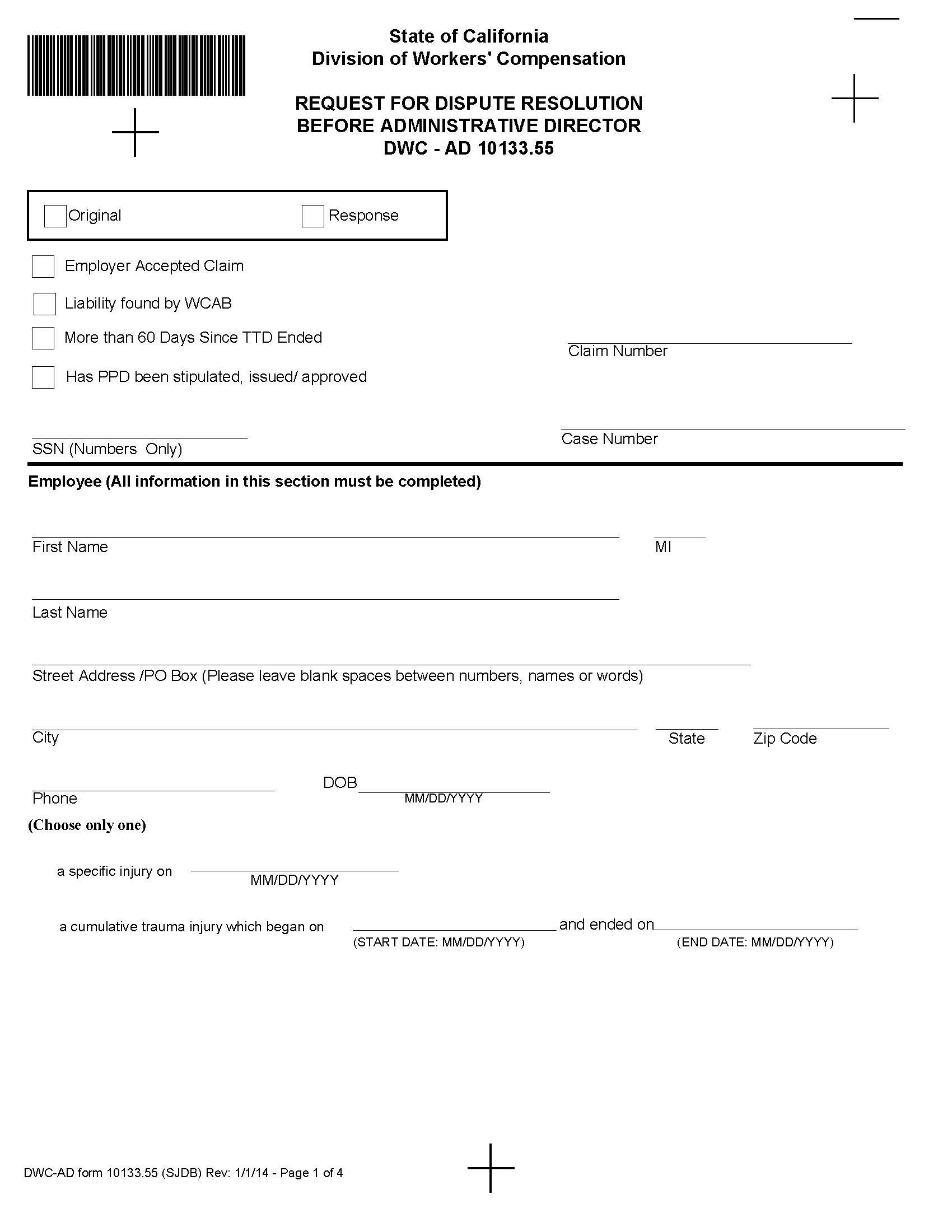 Request For Dispute Resolution Before Administrative Director {DWC AD 10133.55} | Pdf Fpdf Doc Docx | California