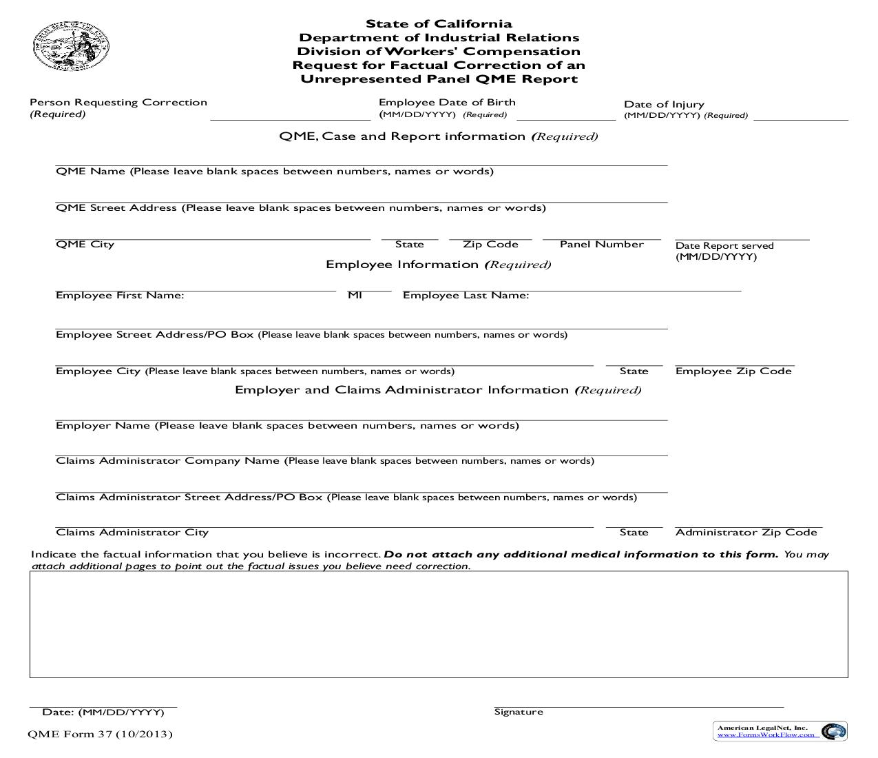 Request For Factual Correction Of An Unrepresented Panel QME {QME 37} | Pdf Fpdf Doc Docx | California