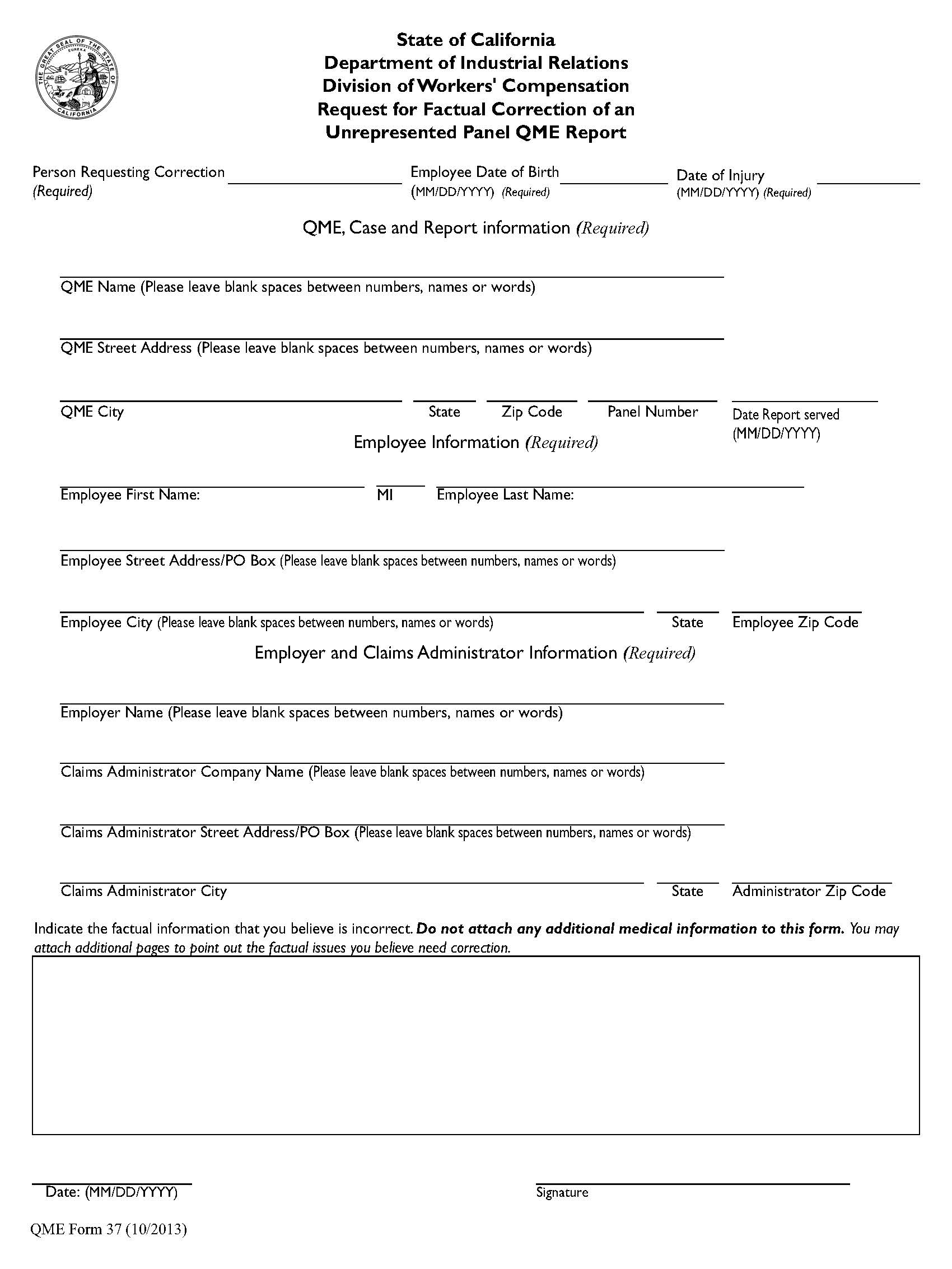 Request For Factual Correction Of An Unrepresented Panel QME {QME 37} | Pdf Fpdf Doc Docx | California