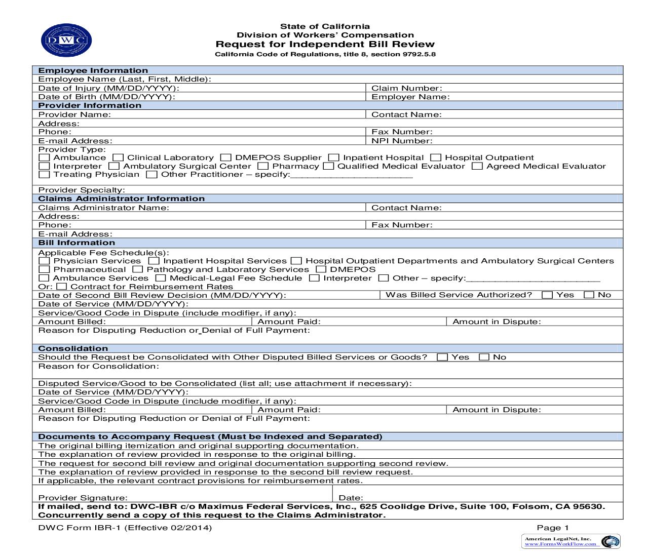 Request For Independent Bill Review {IBR-1} | Pdf Fpdf Doc Docx | California