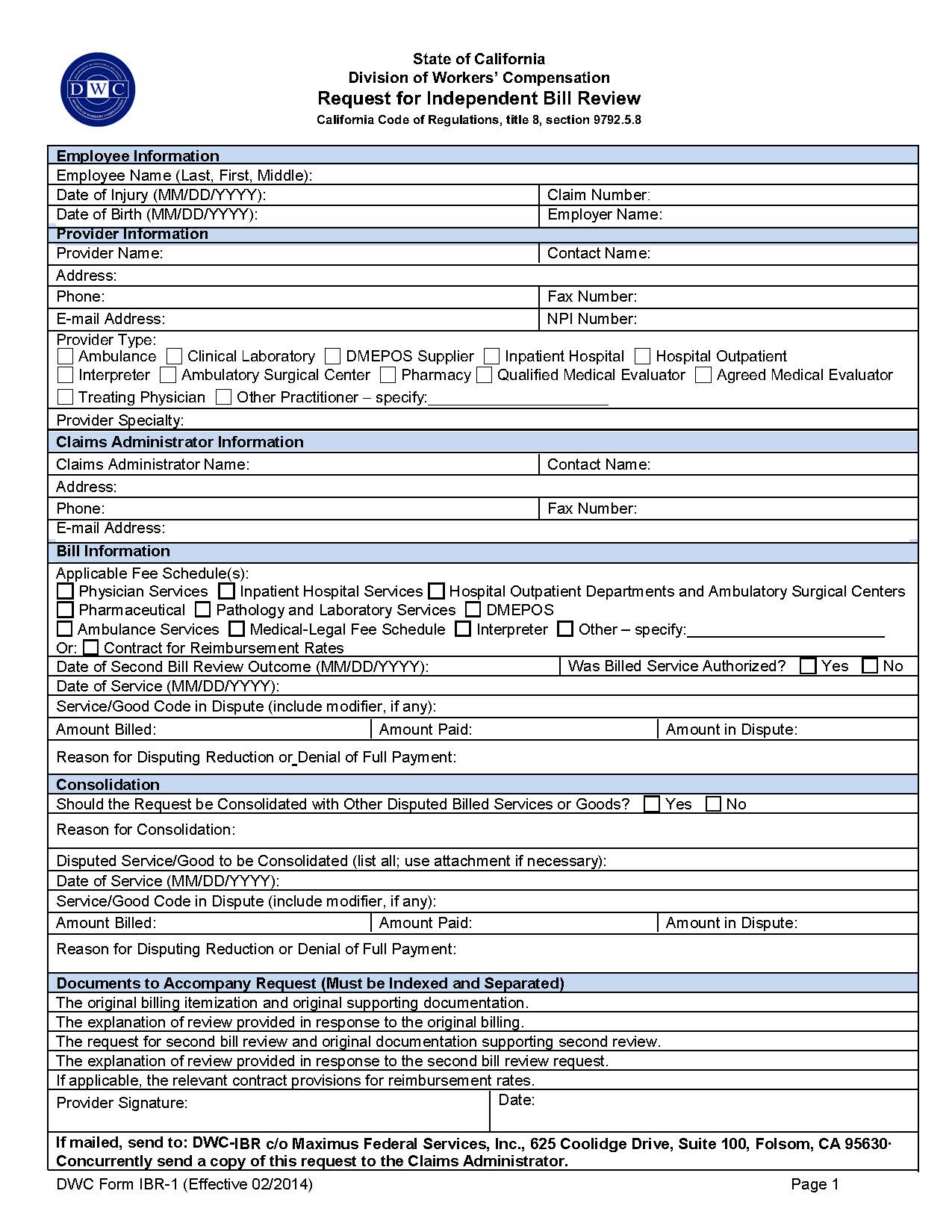 Request For Independent Bill Review {IBR-1} | Pdf Fpdf Doc Docx | California