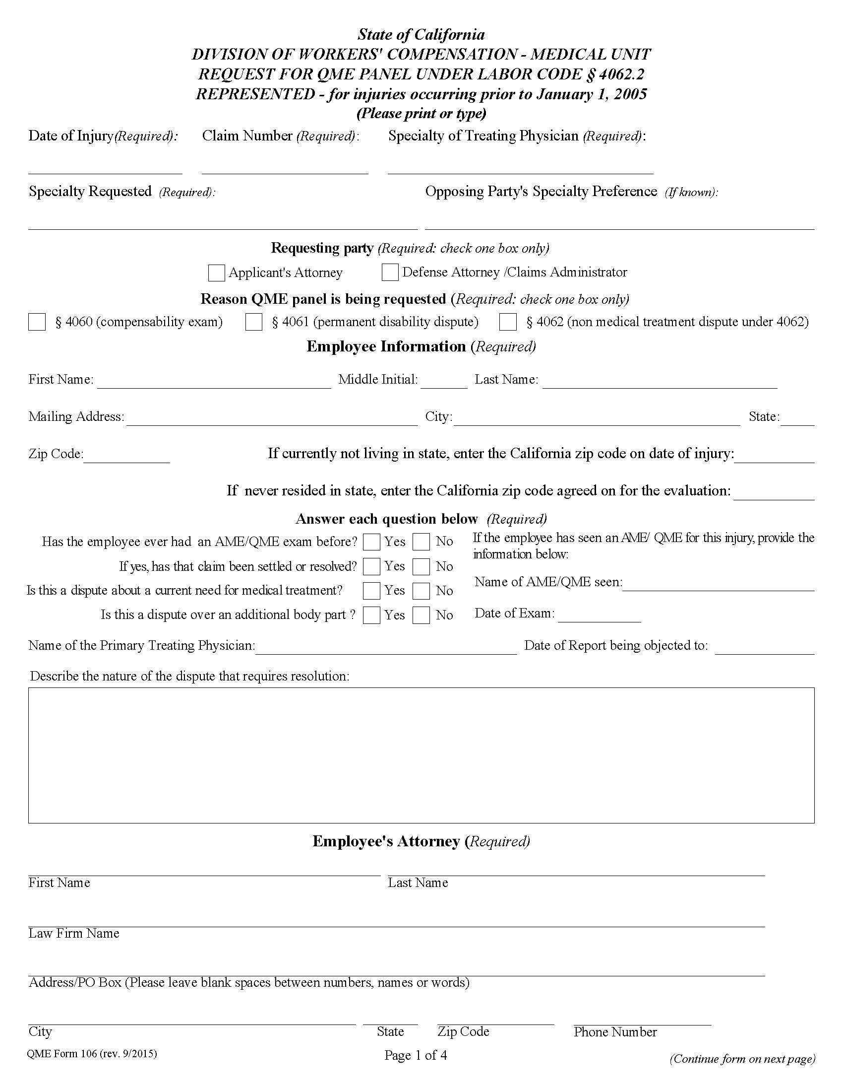 Request For QME Panel {QME 106} | Pdf Fpdf Doc Docx | California