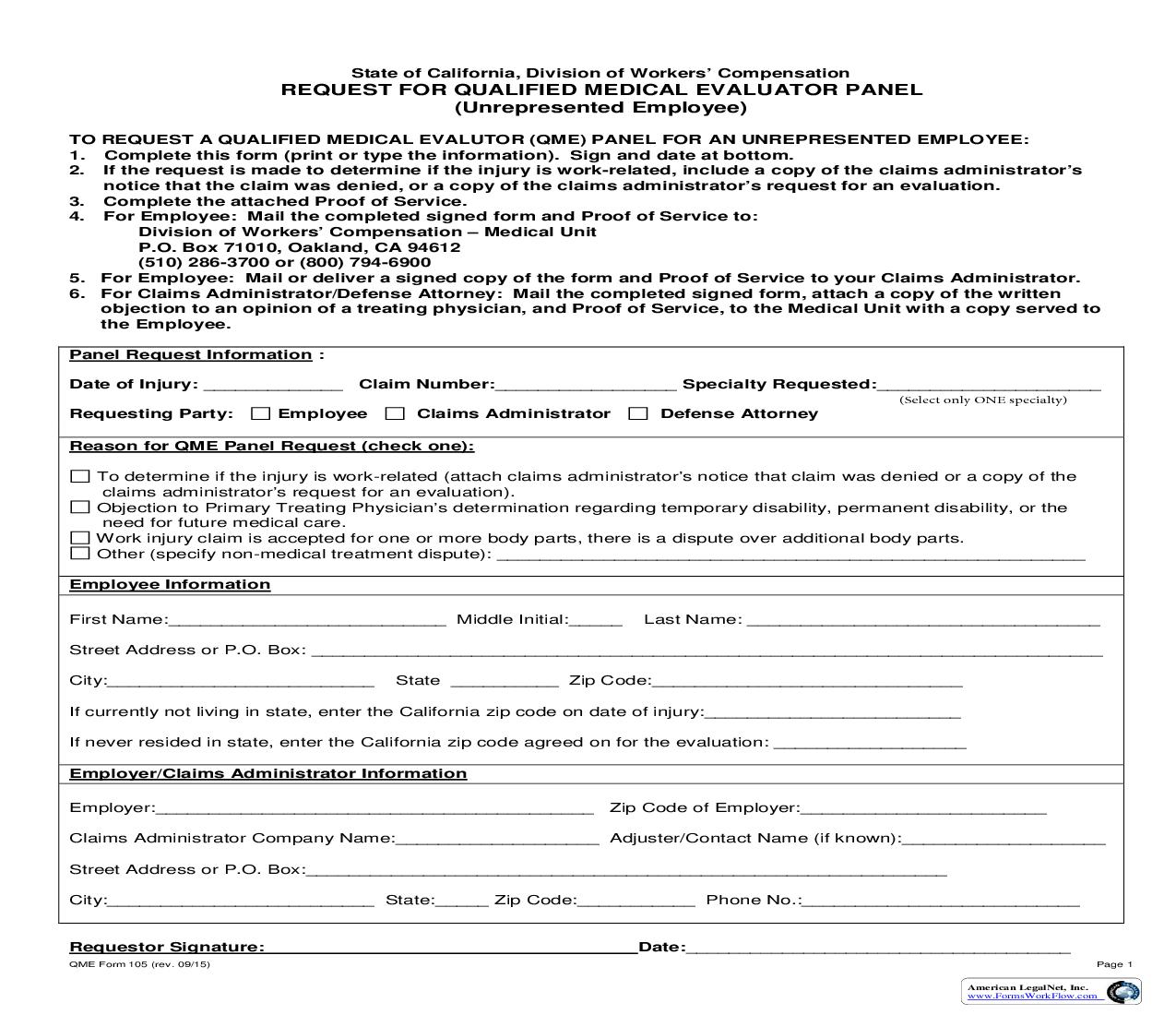 Request For QME Panel Under Labor Code 4062.1 Unrepresented {QME 105} | Pdf Fpdf Doc Docx | California