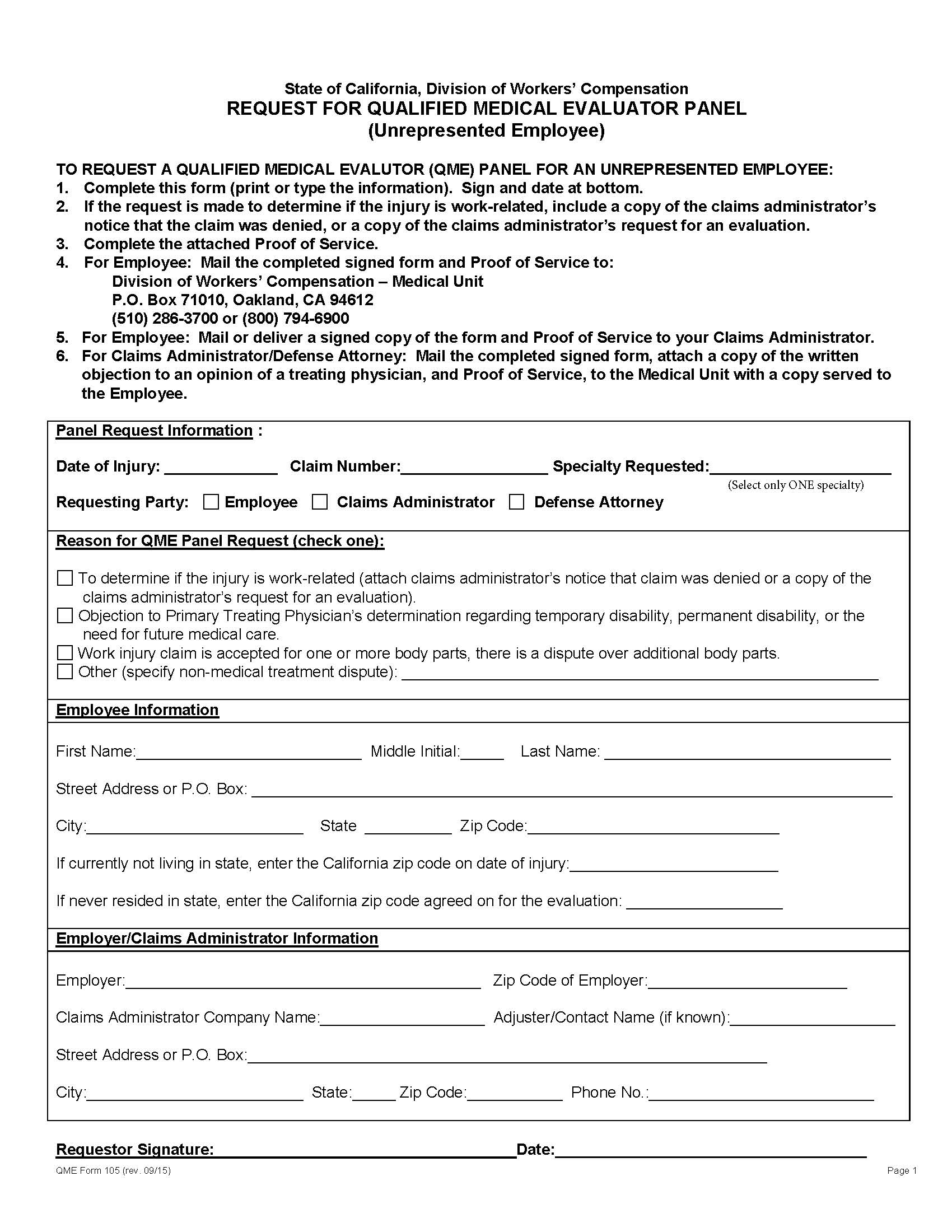 Request For QME Panel Under Labor Code 4062.1 Unrepresented {QME 105} | Pdf Fpdf Doc Docx | California