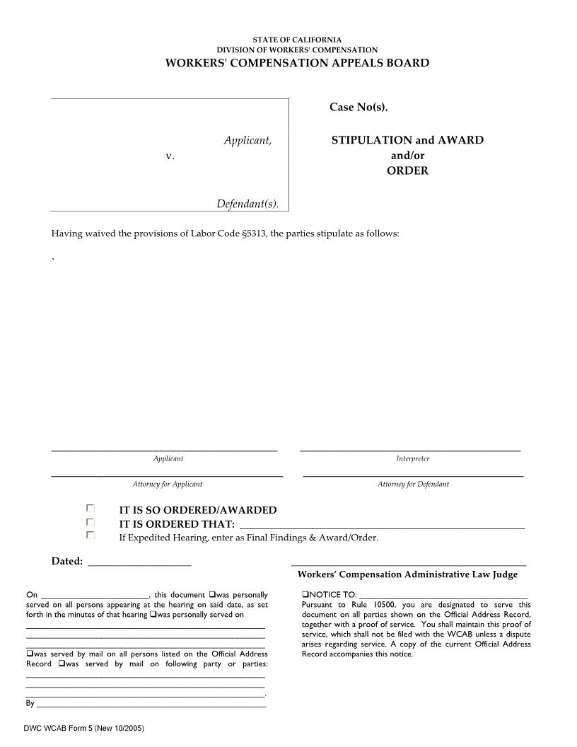 Stipulation And Award And Or Order {WCAB 5} | Pdf Fpdf Docx | California