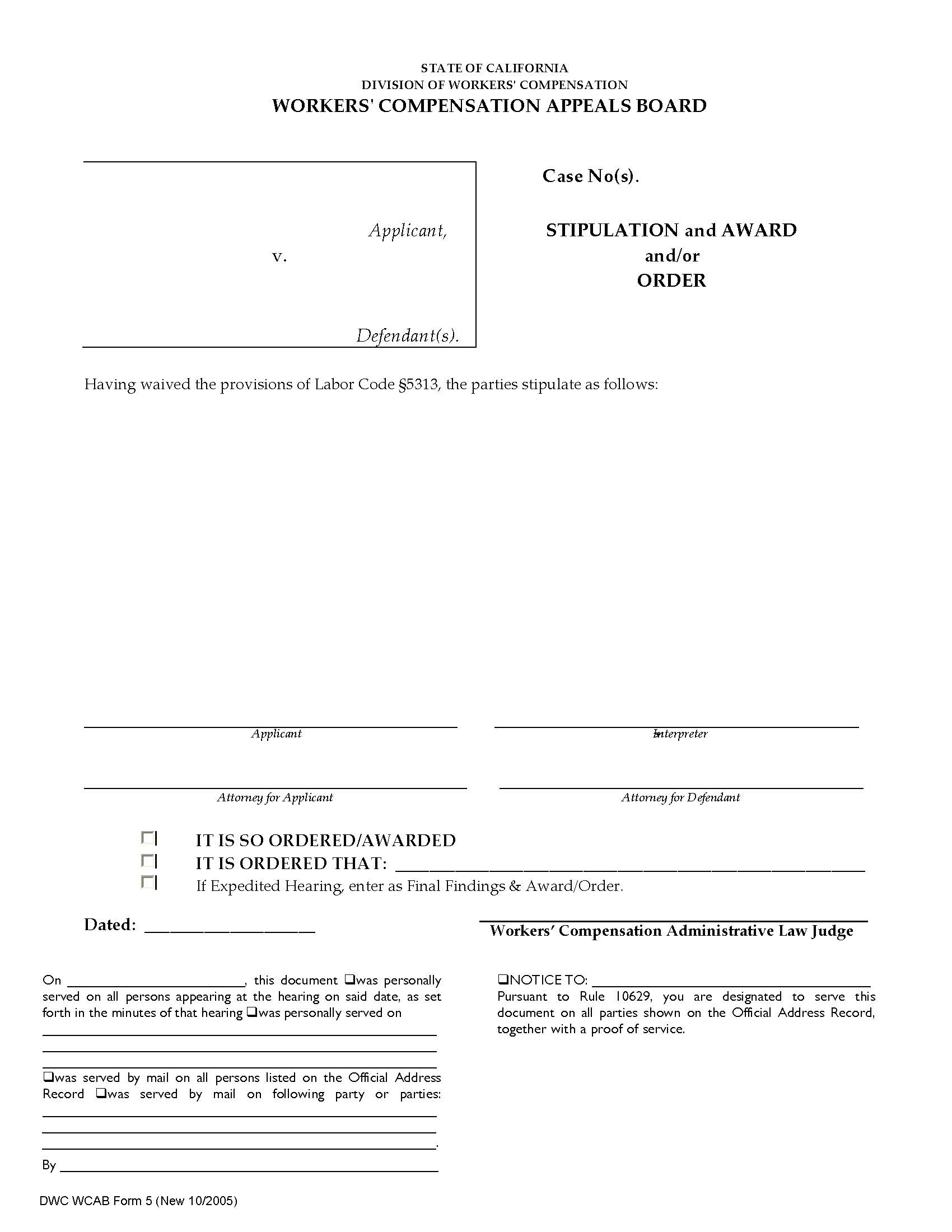 Stipulation And Award And Or Order {WCAB 5} | Pdf Fpdf Docx | California