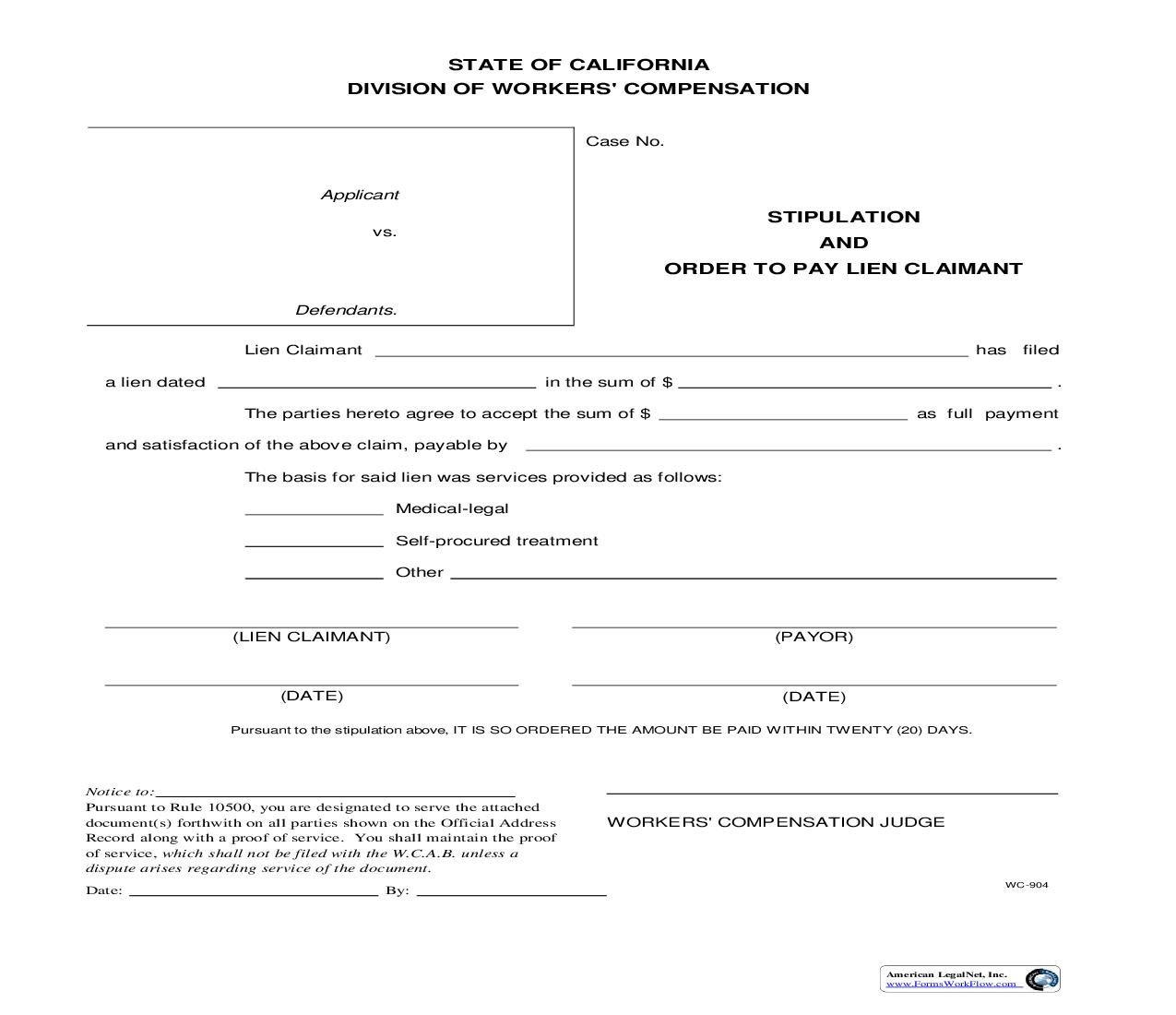 Stipulation And Order To Pay Lien Claimant {WC-904} | Pdf Fpdf Doc Docx | California