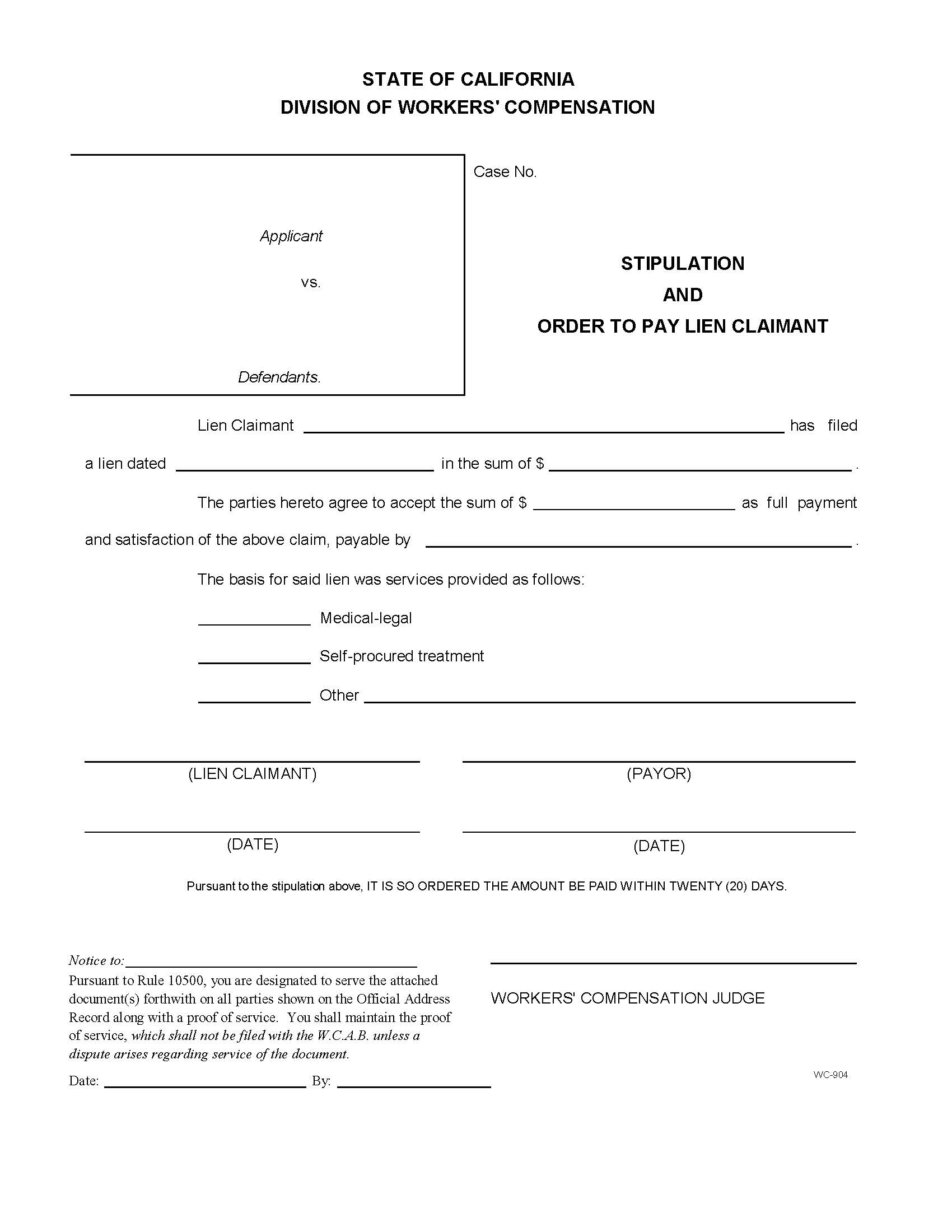 Stipulation And Order To Pay Lien Claimant {WC-904} | Pdf Fpdf Doc Docx | California