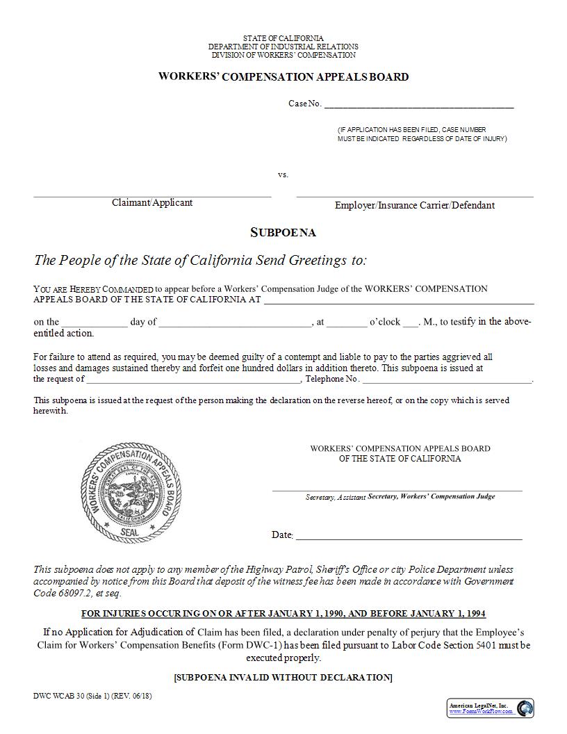 Subpoena {DIA WCAB 30} | Pdf Fpdf Docx | California