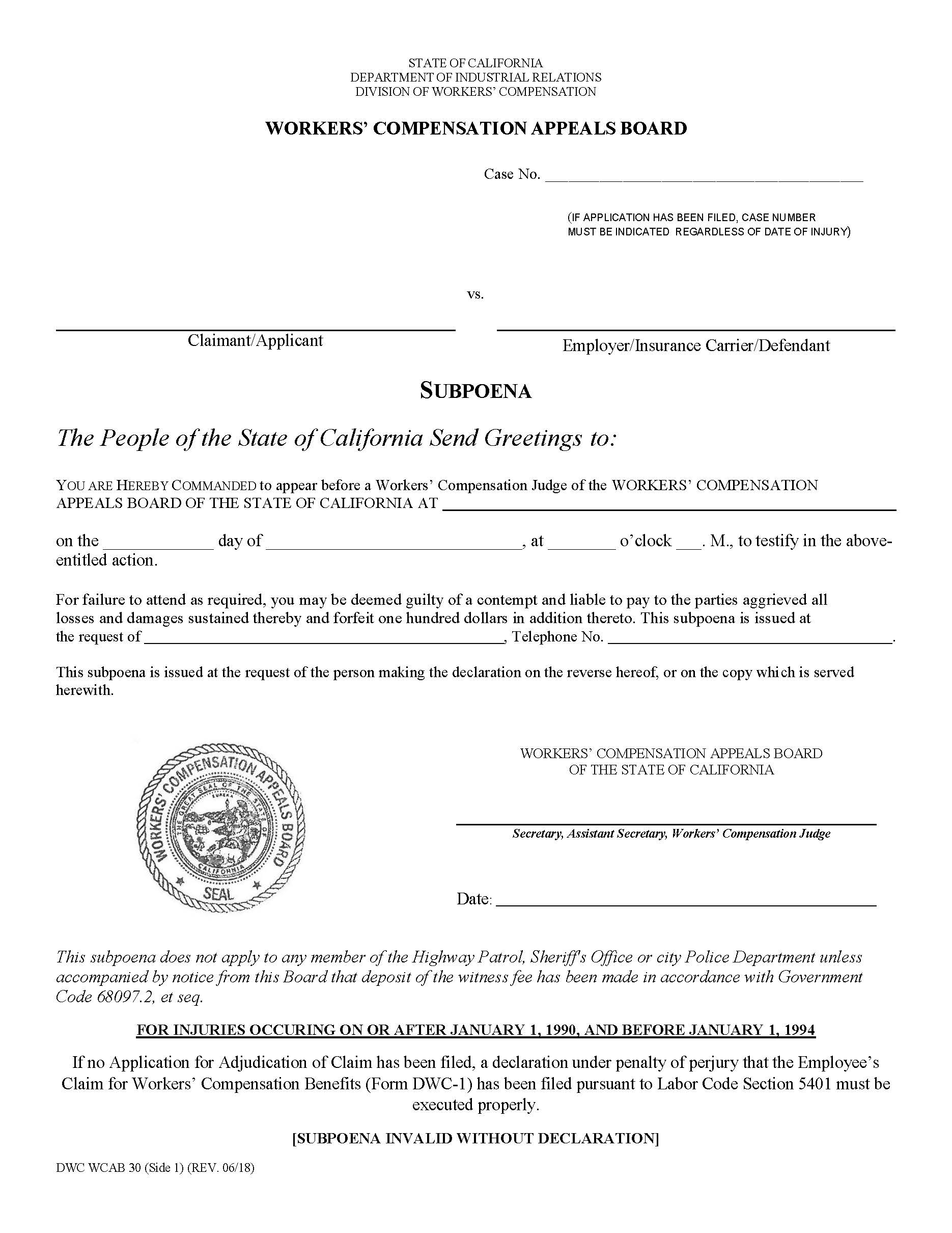 Subpoena {DIA WCAB 30} | Pdf Fpdf Docx | California