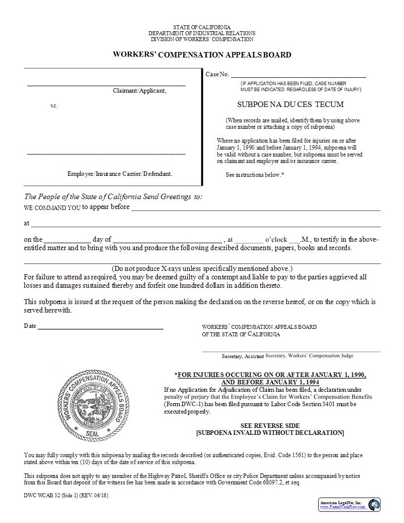 Subpoena Duces Tecum {DIA WCAB 32} | Pdf Fpdf Docx | California