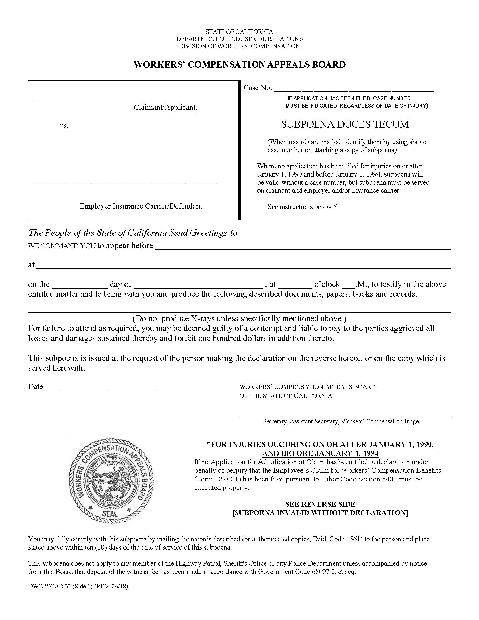 Subpoena Duces Tecum {DIA WCAB 32} | Pdf Fpdf Docx | California