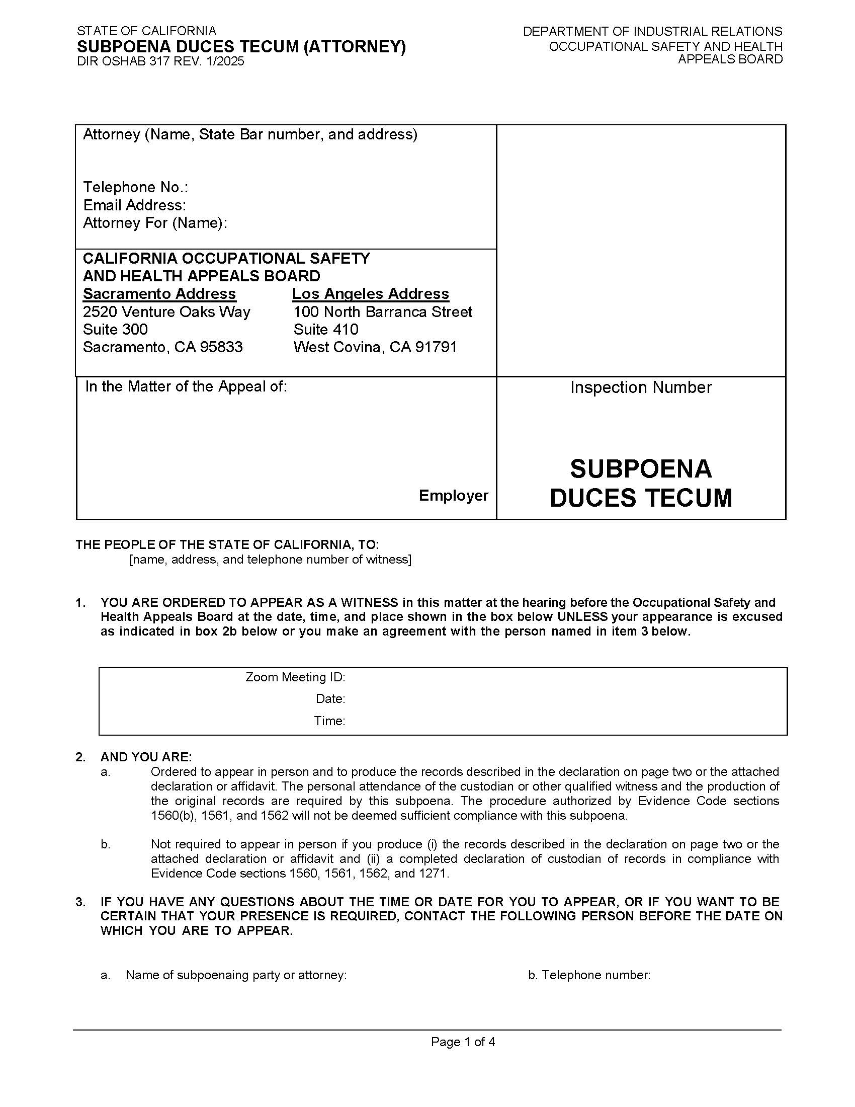 Subpoena Duces Tecum (Attorney) {OSHAB-317} | Pdf Fpdf Docx | California
