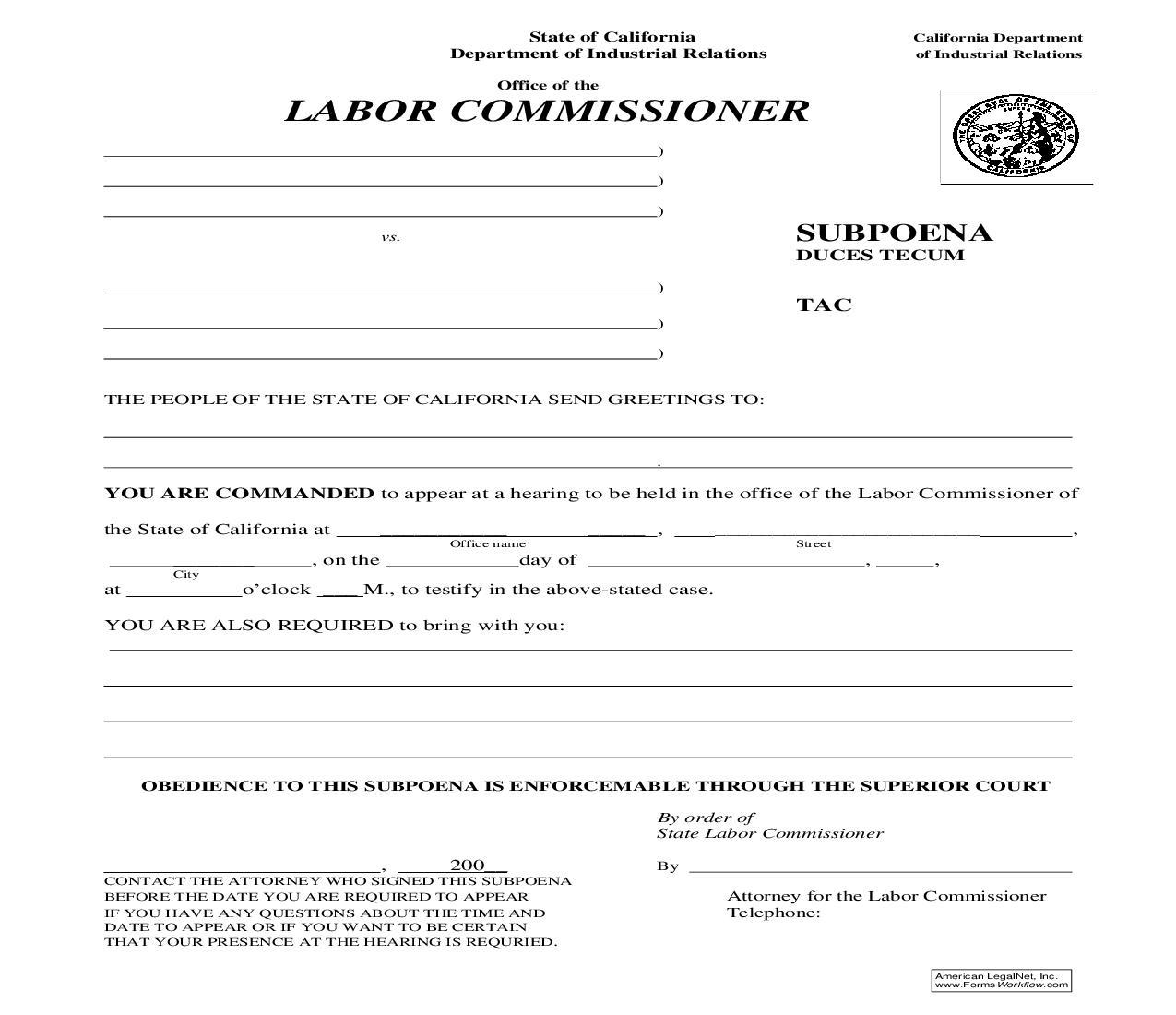 Subpoena Duces Tecum (For Talent Cases Only) | Pdf Fpdf Doc Docx | California