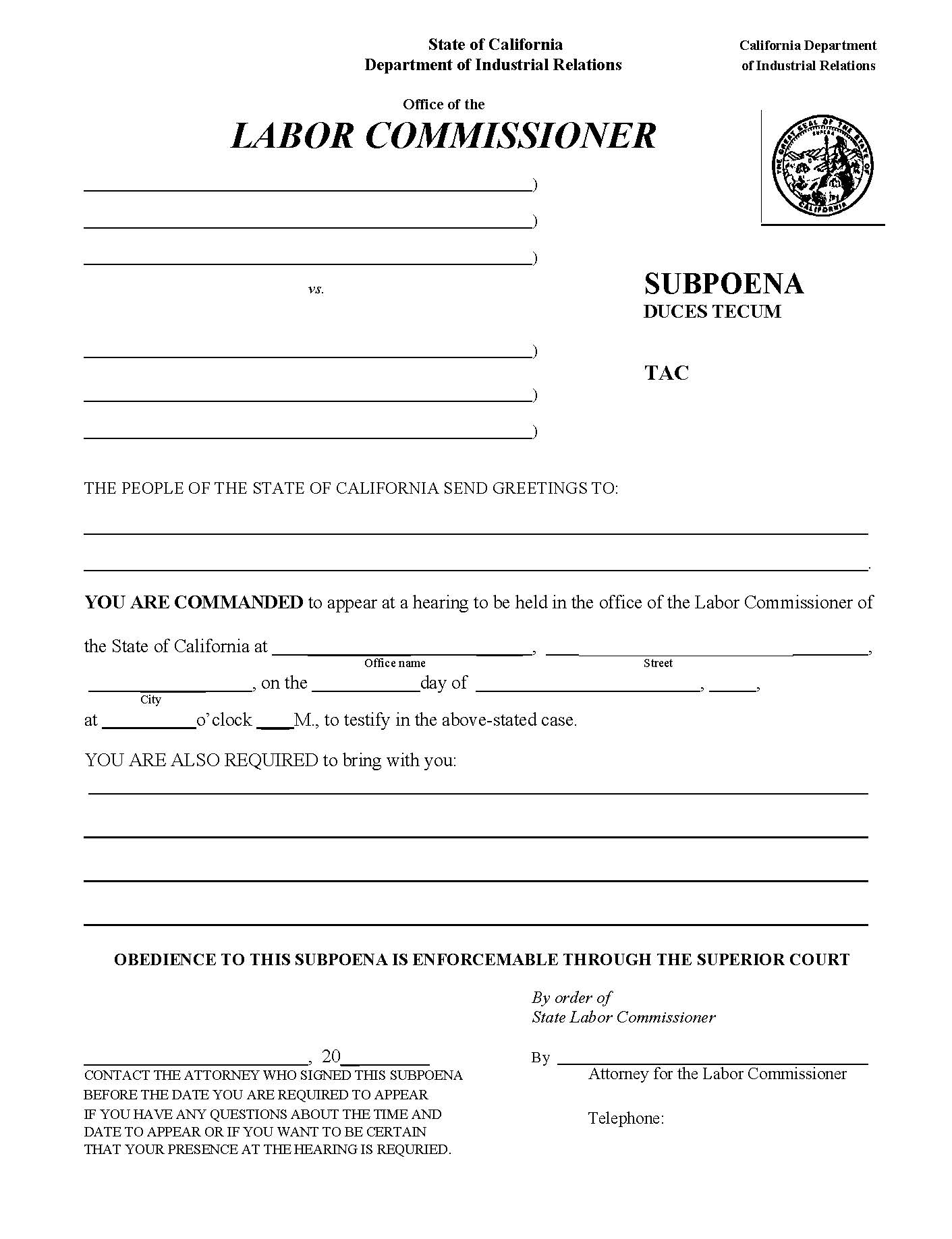 Subpoena Duces Tecum (For Talent Cases Only) | Pdf Fpdf Doc Docx | California