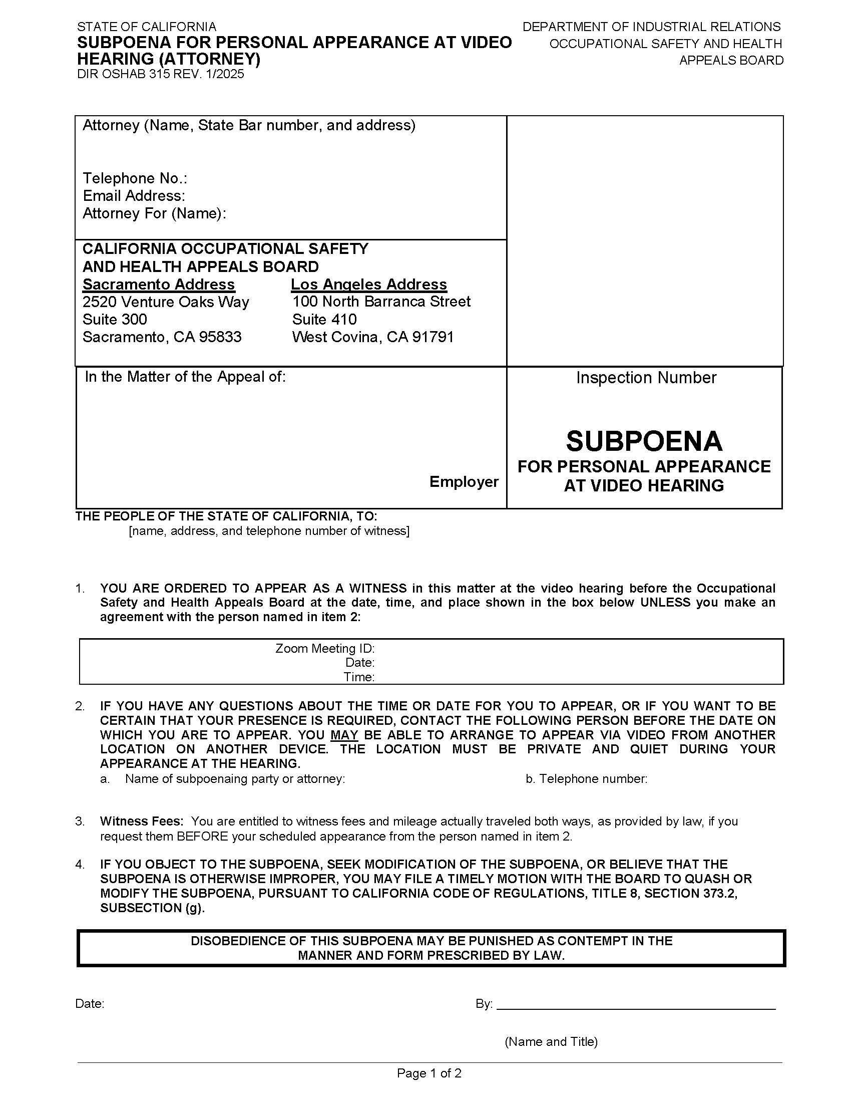 Subpoena For Personal Appearance At Video Hearing (Attorney) {OSHAB-315} | Pdf Fpdf Docx | California