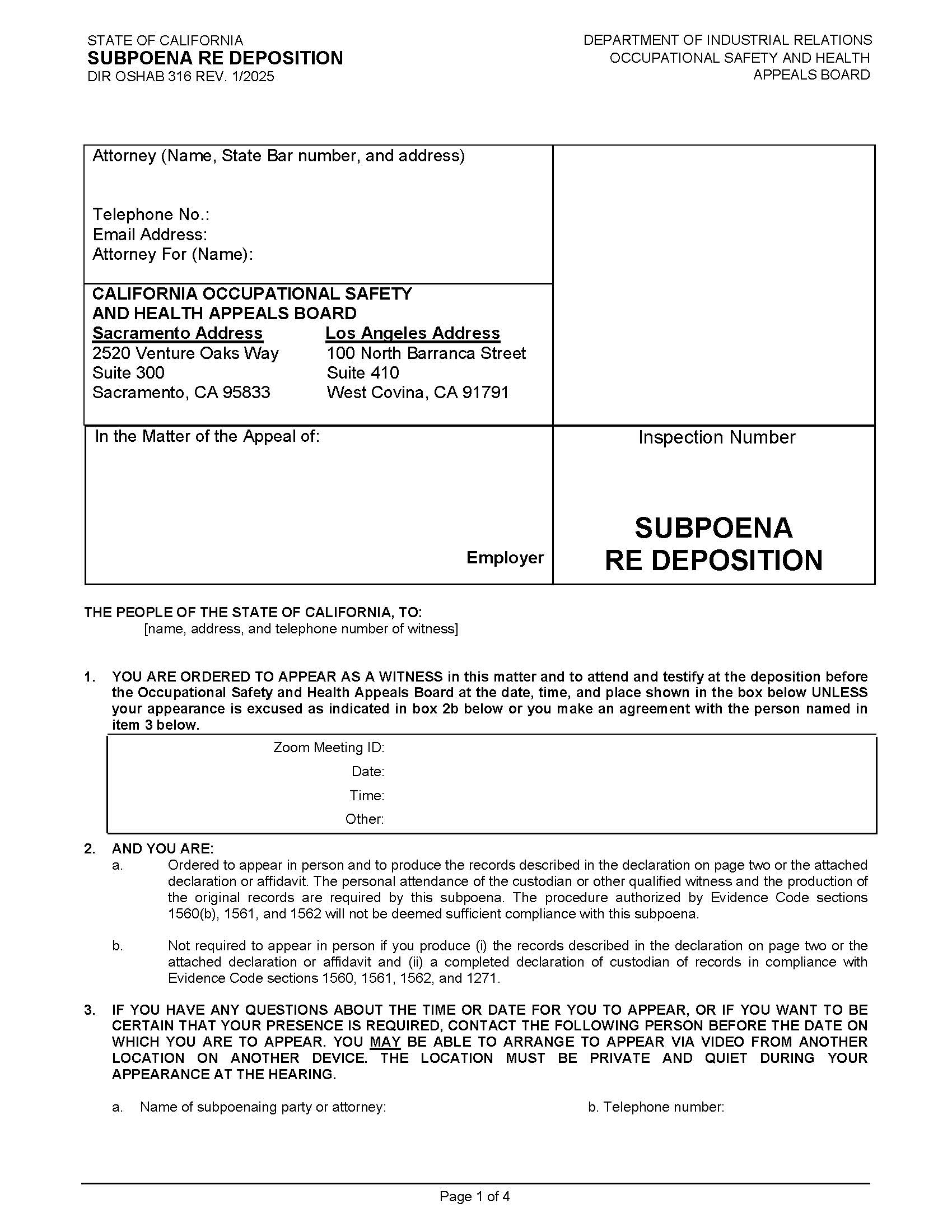 Subpoena Re Deposition {OSHAB-316} | Pdf Fpdf Docx | California