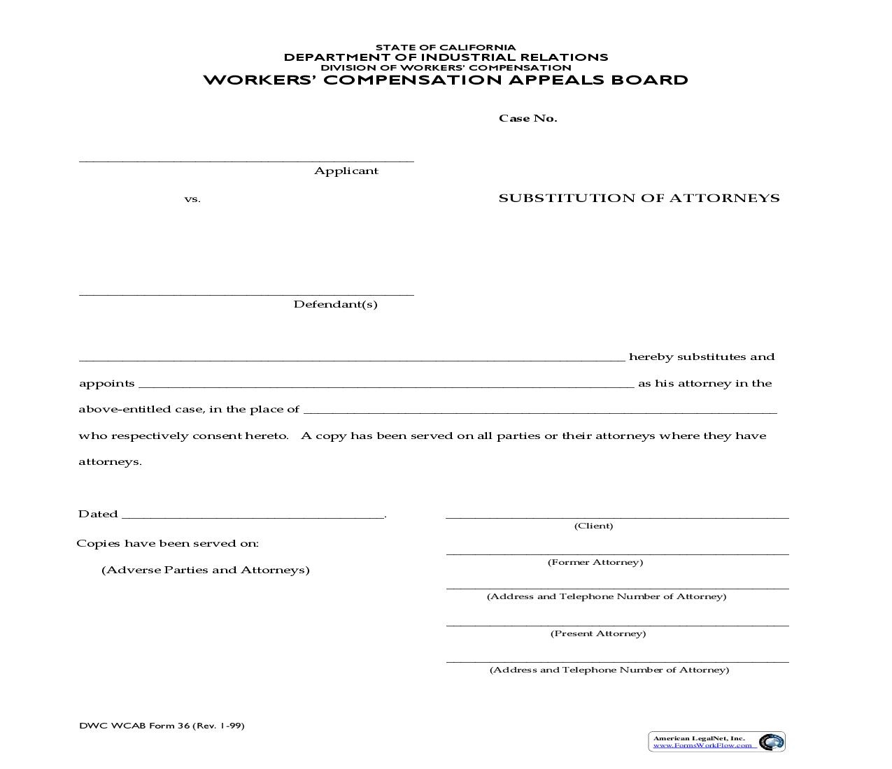 Substitution Of Attorneys {DWC WCAB 36} | Pdf Fpdf Doc Docx | California