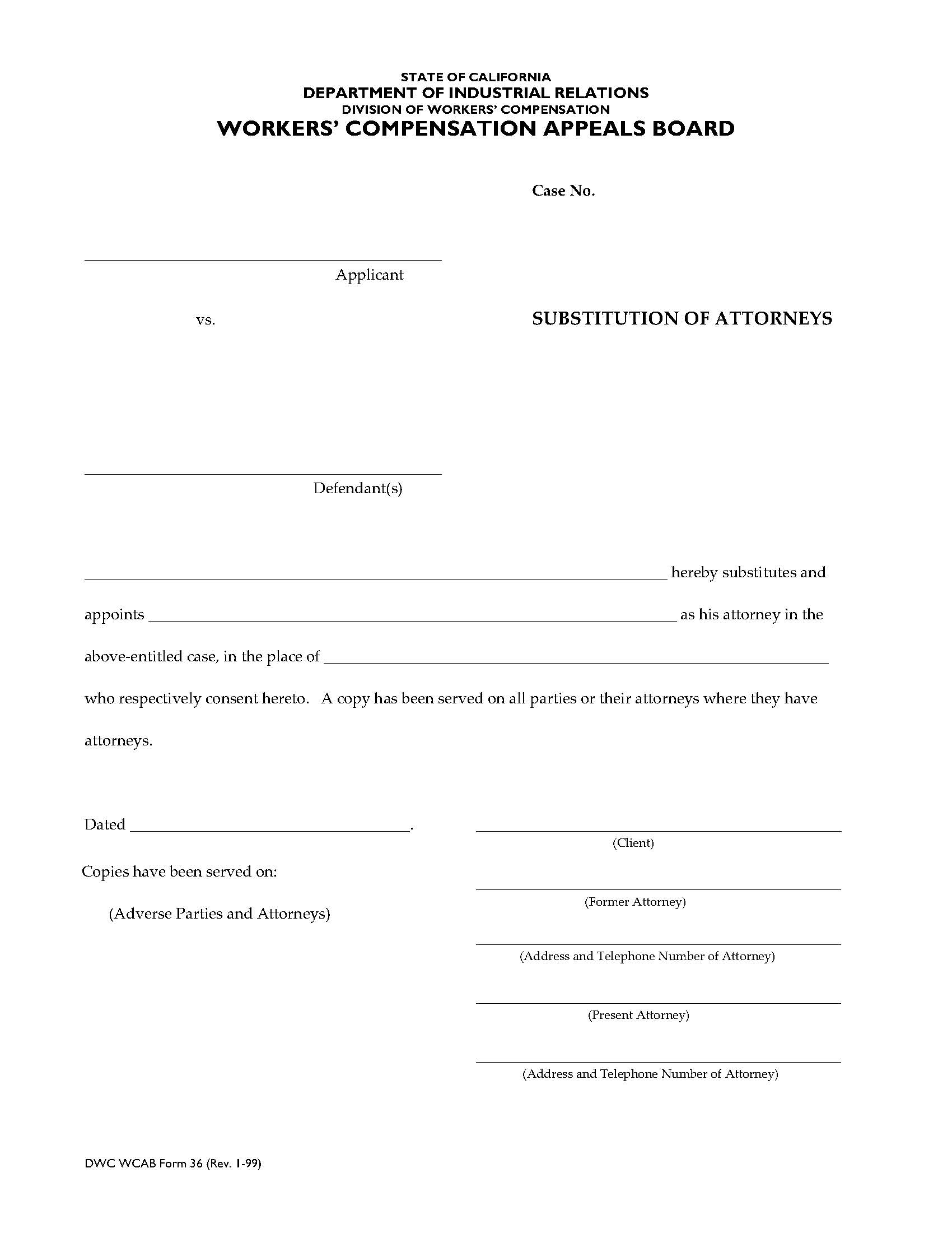 Substitution Of Attorneys {DWC WCAB 36} | Pdf Fpdf Doc Docx | California