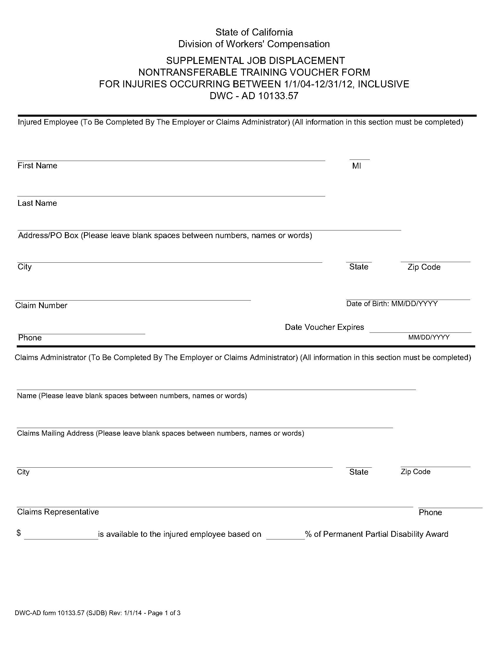 Supplement Job Displacement Nontransferable Training Voucher (Between 1-1-04 And 12-31-12) {DWC AD 10133.57} | Pdf Fpdf Doc Docx | California